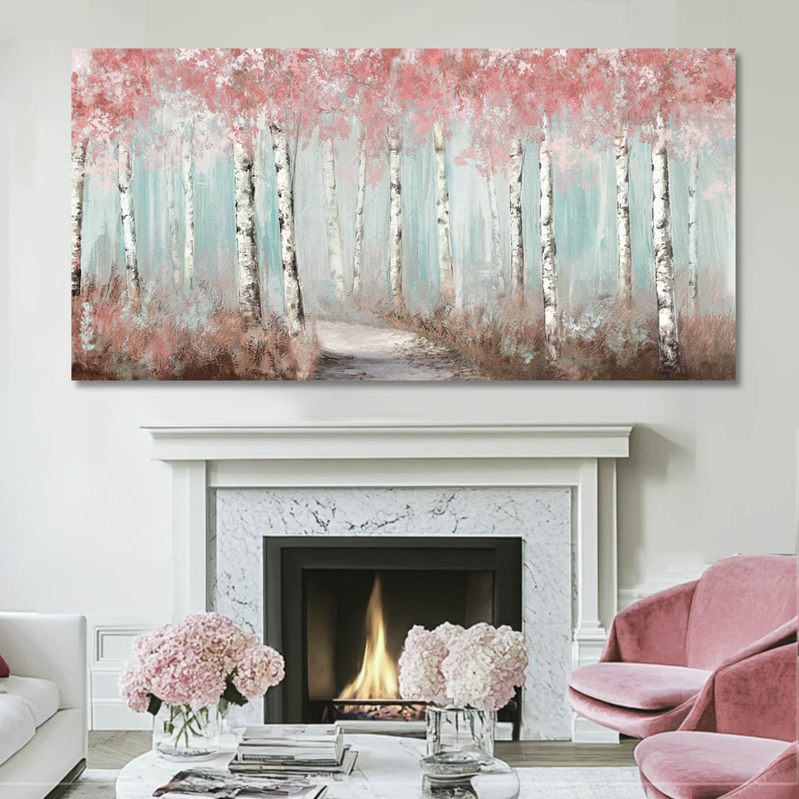Wall Decor Pink Tree Painting Art Prints For Living Room Large Size Framed For Home Office Bedroom Wall Decor 30''X 60'' Ready T