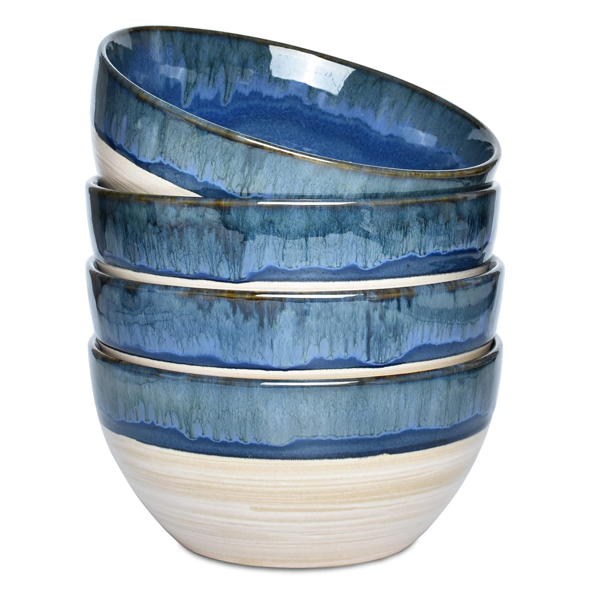 Bosmarlin Stoneware Soup Bowl Set Of 4, 26 Oz, Cereal Bowl For Oatmeal, Dishwasher And Microwave Safe, Reactive Glaze (Deep Blue