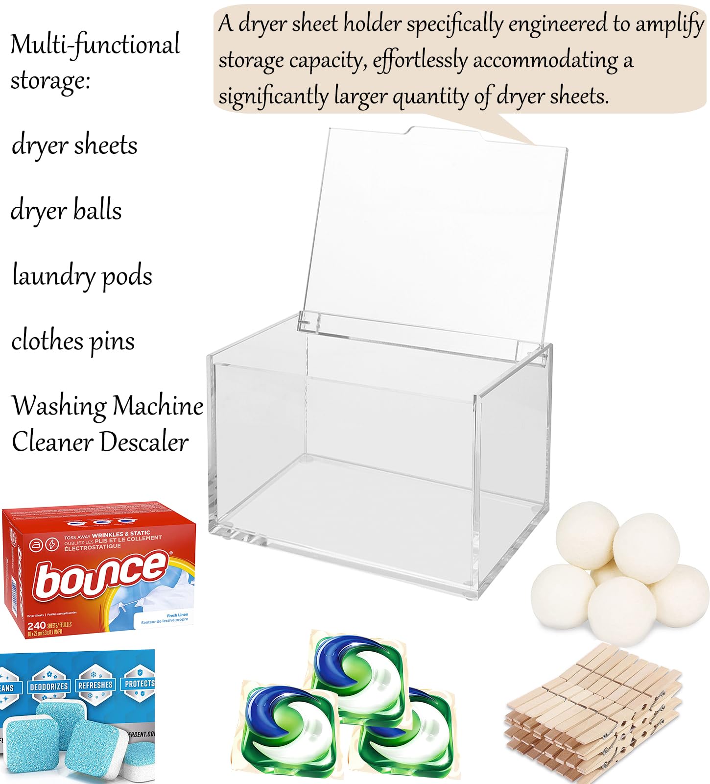 Rejomiik Thick Acrylic Dryer Sheet Holder Clear Container For Laundry Room Organize And Storage, Dispenser For Dryer Sheets, Fab