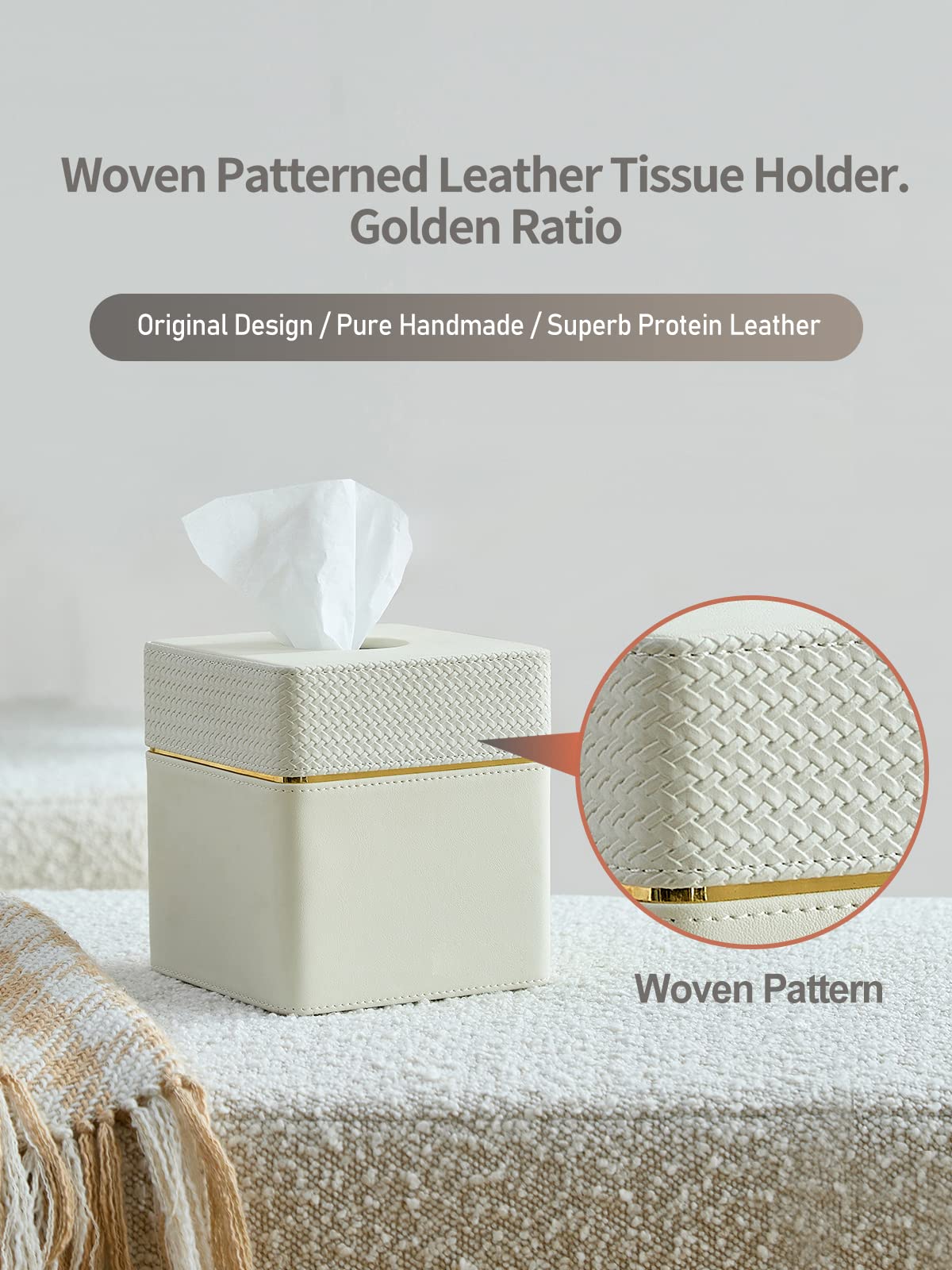 Cloudever Tissue Box Holder Cover Square, Modern Pu Leather Decorative Tissue Cube Holder Organizer-Woven White