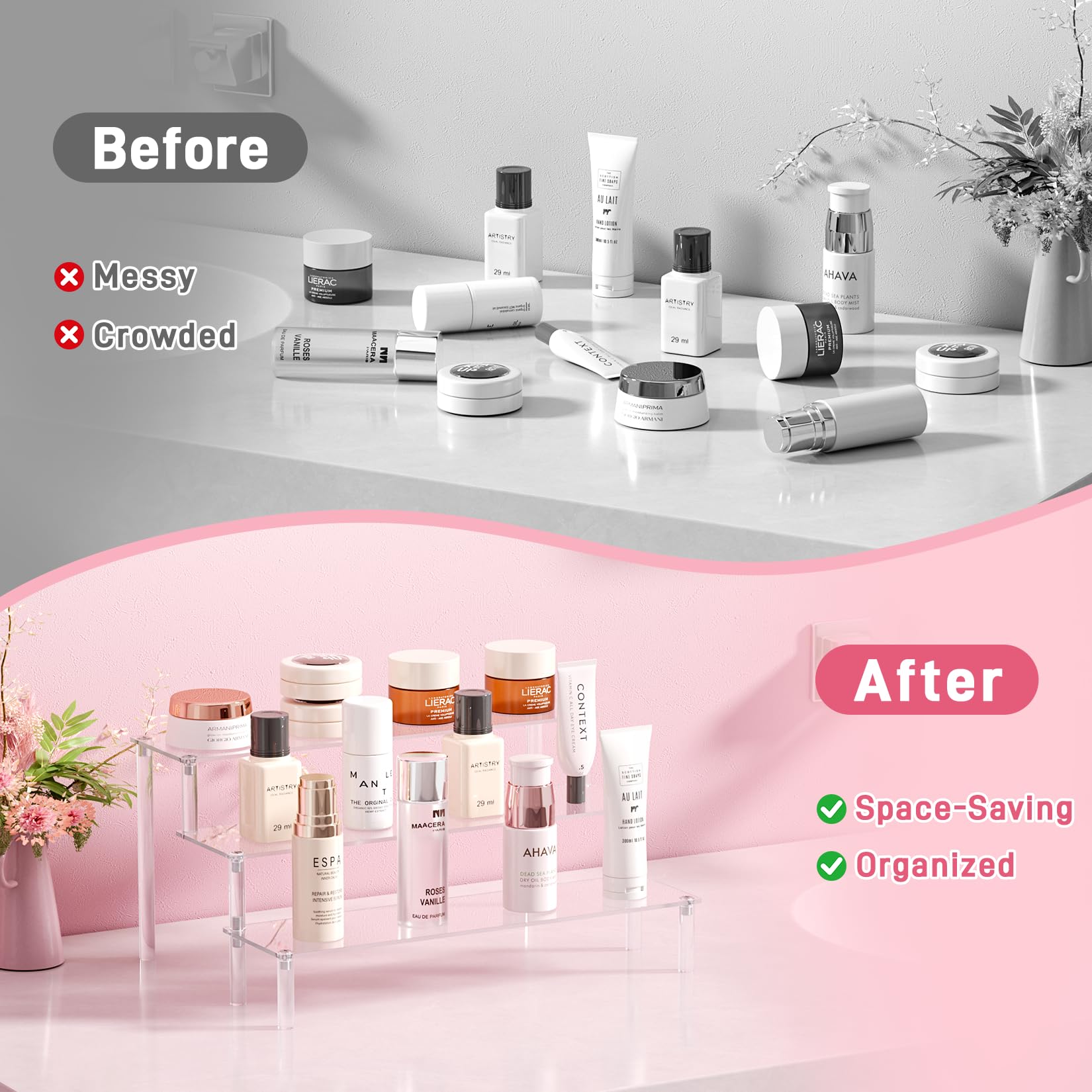 2 Packs Acrylic Display Stand Riser,3 Tier Perfume Organizer Cupcake Stand Acrylic Pop Shelves Holder,Clear Desk Display Shelf f