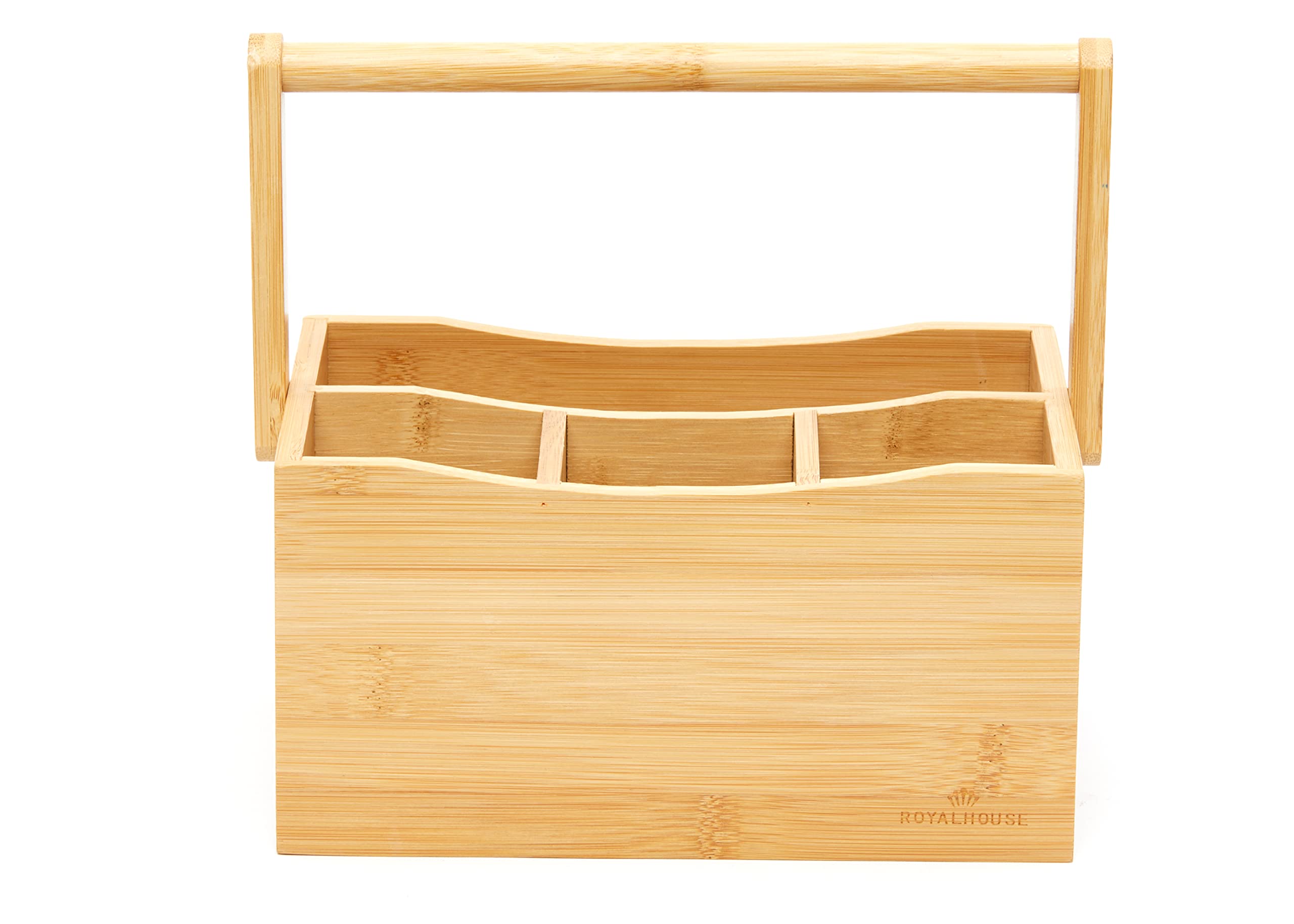 Royalhouse Natural Bamboo Utensil Holder And Organizer For Kitchen Countertop, Bamboo Picnic Basket With Folding Handle For Camp