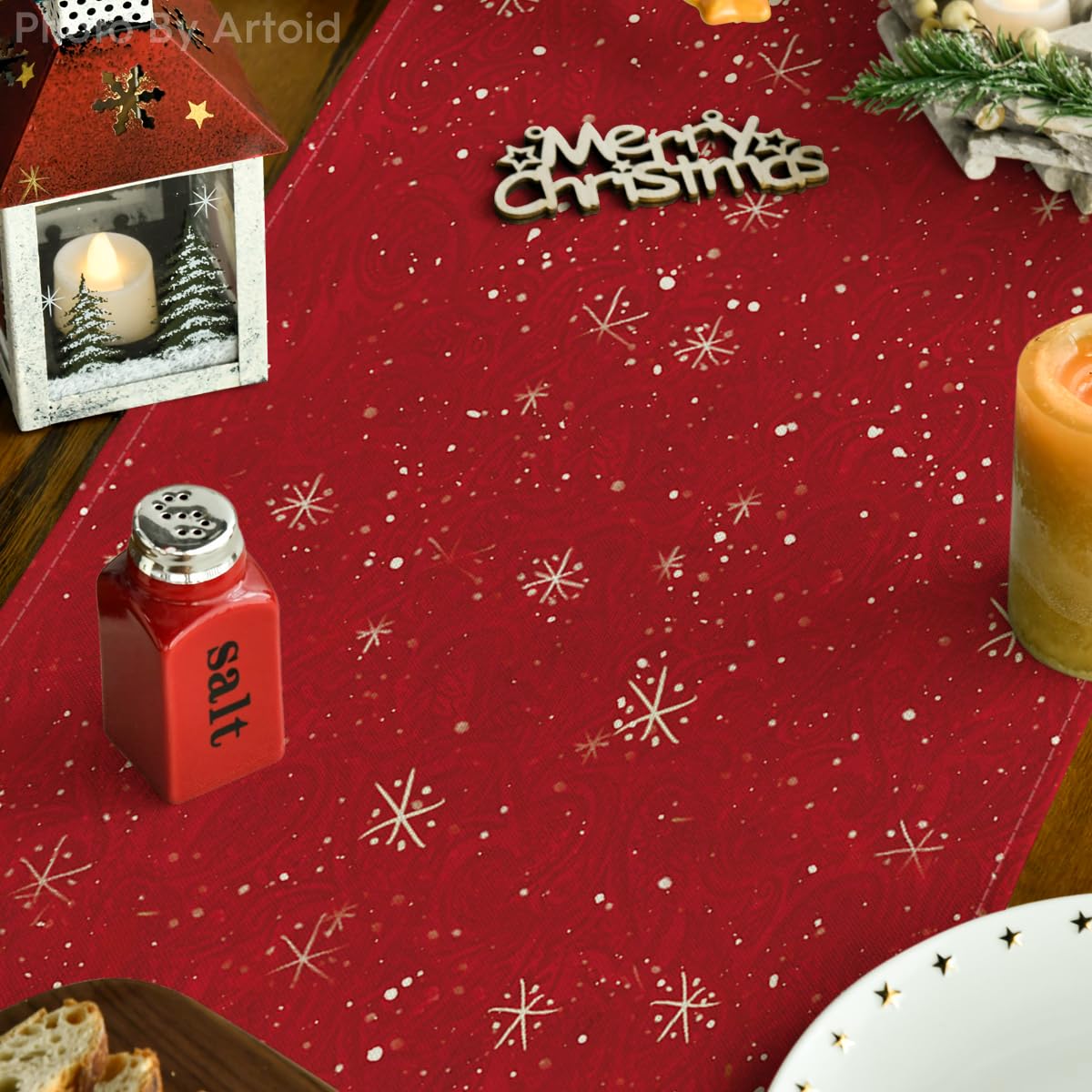 Artoid Mode Table Runner, Christmas Snowman & Trees Design, 13" x 90", Red Polyester, Holiday Decor for Indoor/Outdoor Use
