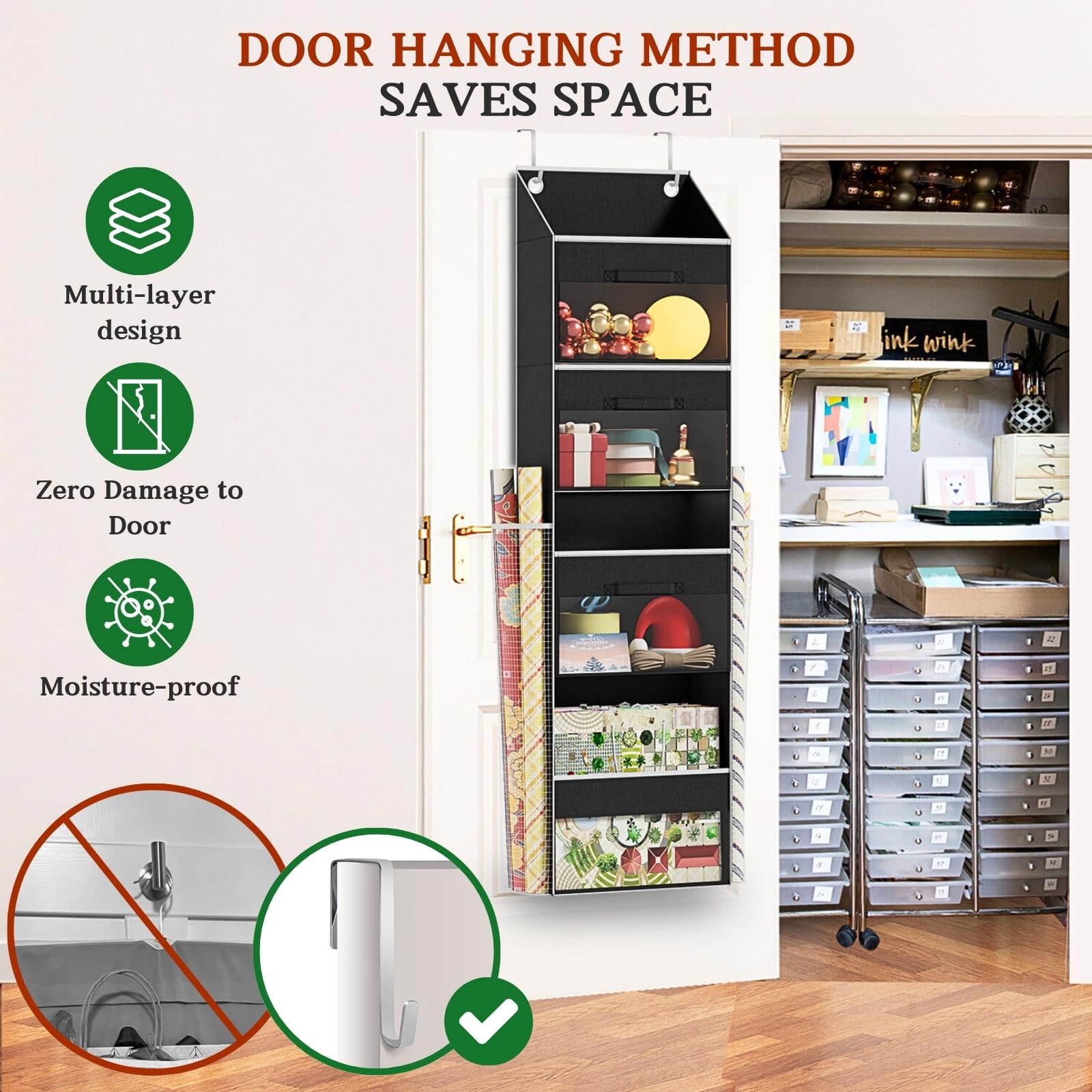 Black Over Door Wrapping Paper Organizer Storage with 3 Removable Drawers & Side Pockets - Dual Use Design with Elastic Straps -
