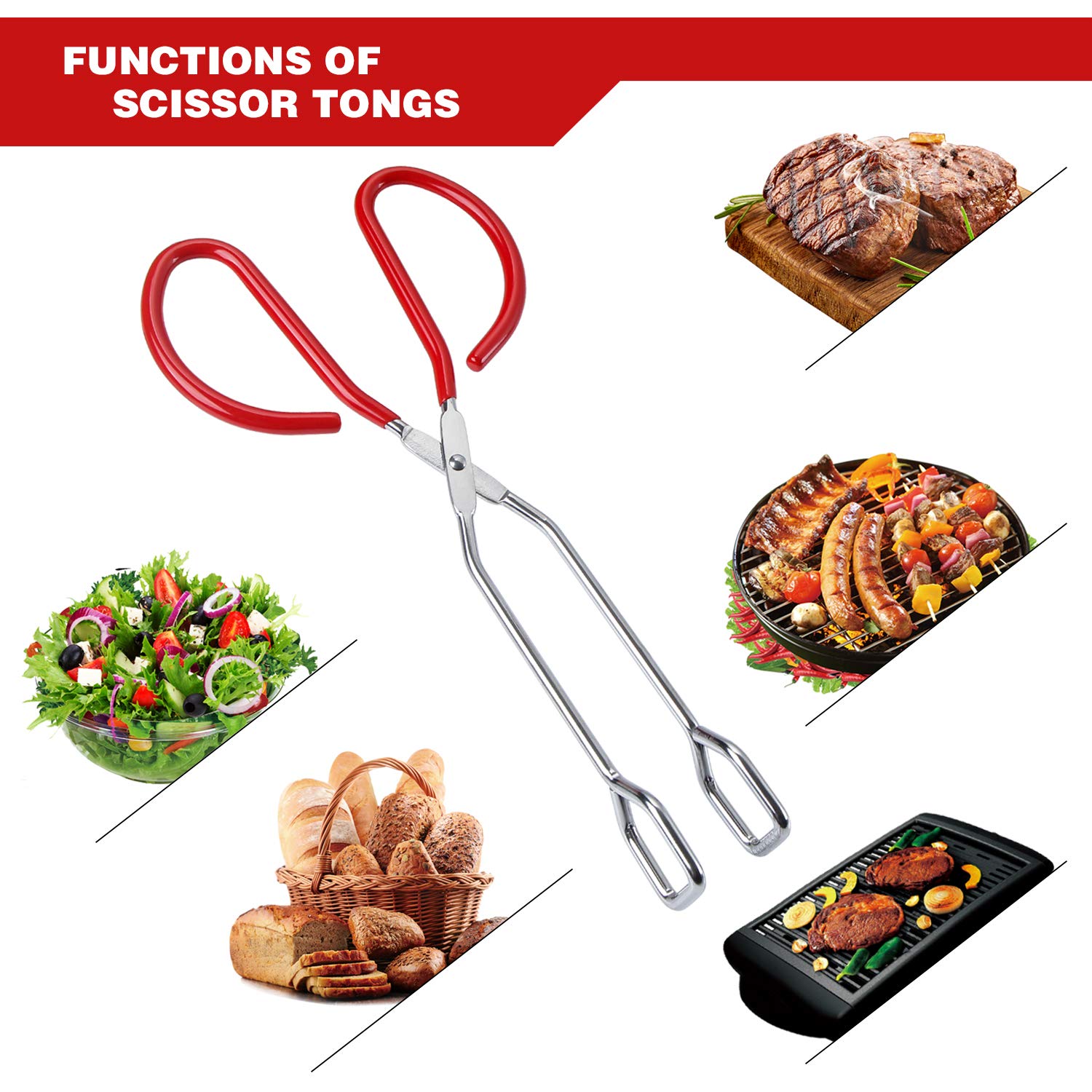 Msy Bigsunny 10 Inch Stainless Steel Scissor Tongs, Heavy Duty Cooking Tongs With Soft Handles, Multi-Function Serving Tongs For