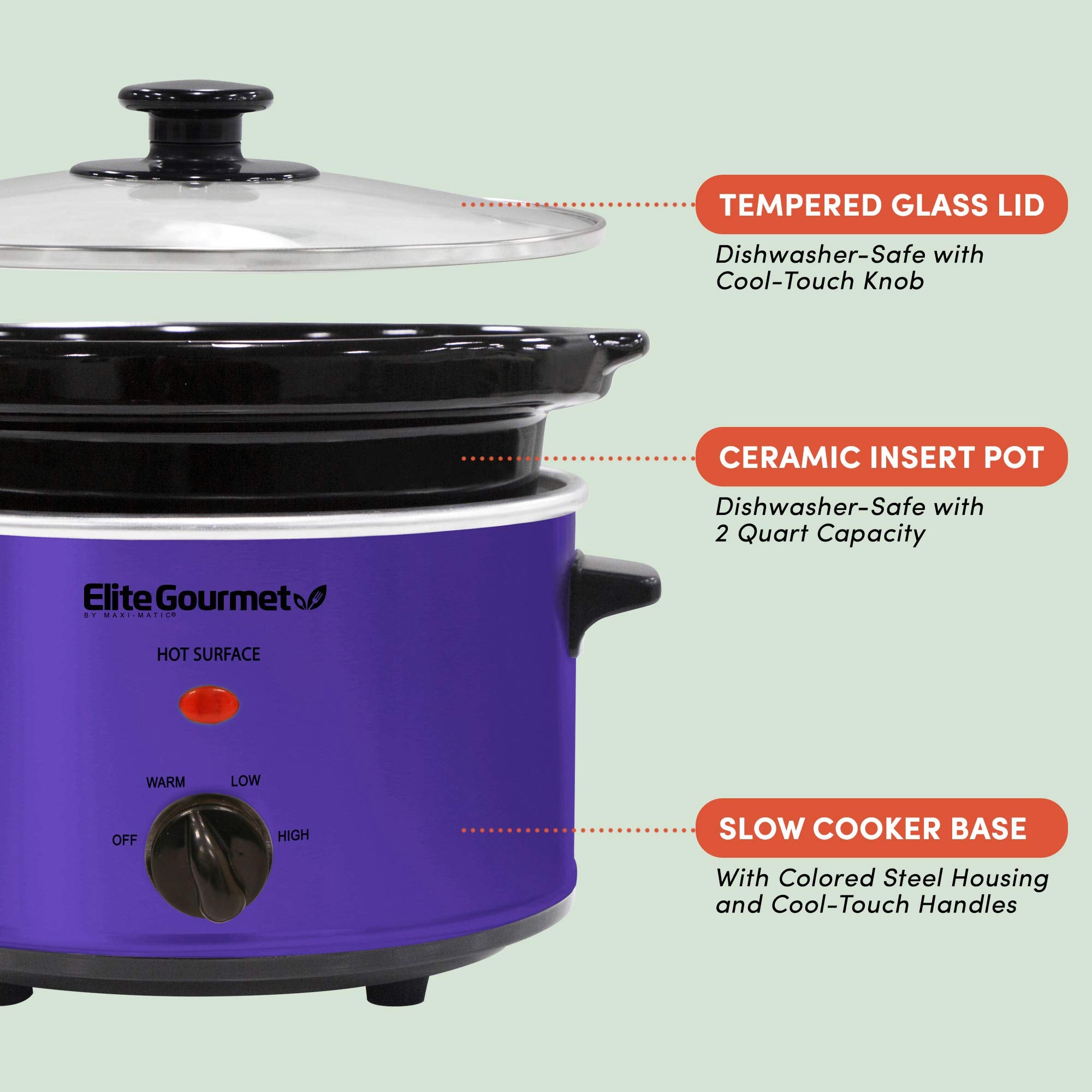 Elite Gourmet Mst-275Xp Electric Oval Slow Cooker, 2Qt Capacity, Purple