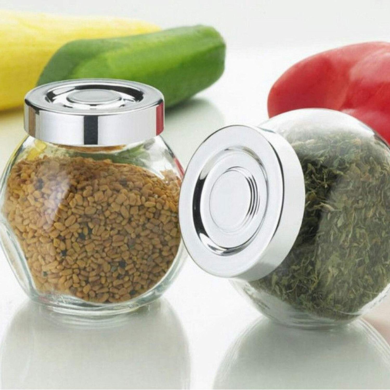 Chidakash Small Glass Bottle Containers Set Of 6 Pcs Masala, Spices Storage Glass Jars With Airtight Silver Lid, Dry Fruits, Pic