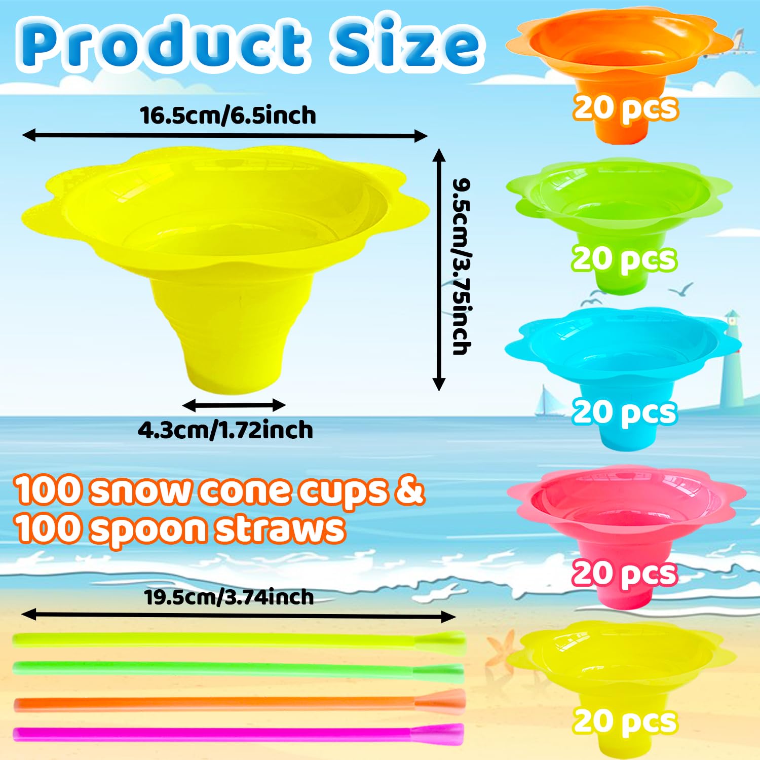 Haawooky 200Pcs 8Oz Colorful Flower Shaped Snow Cone Cups With Spoon Straws,Plastic Shaved Ice Drip Cups Reusable Plastic Snack