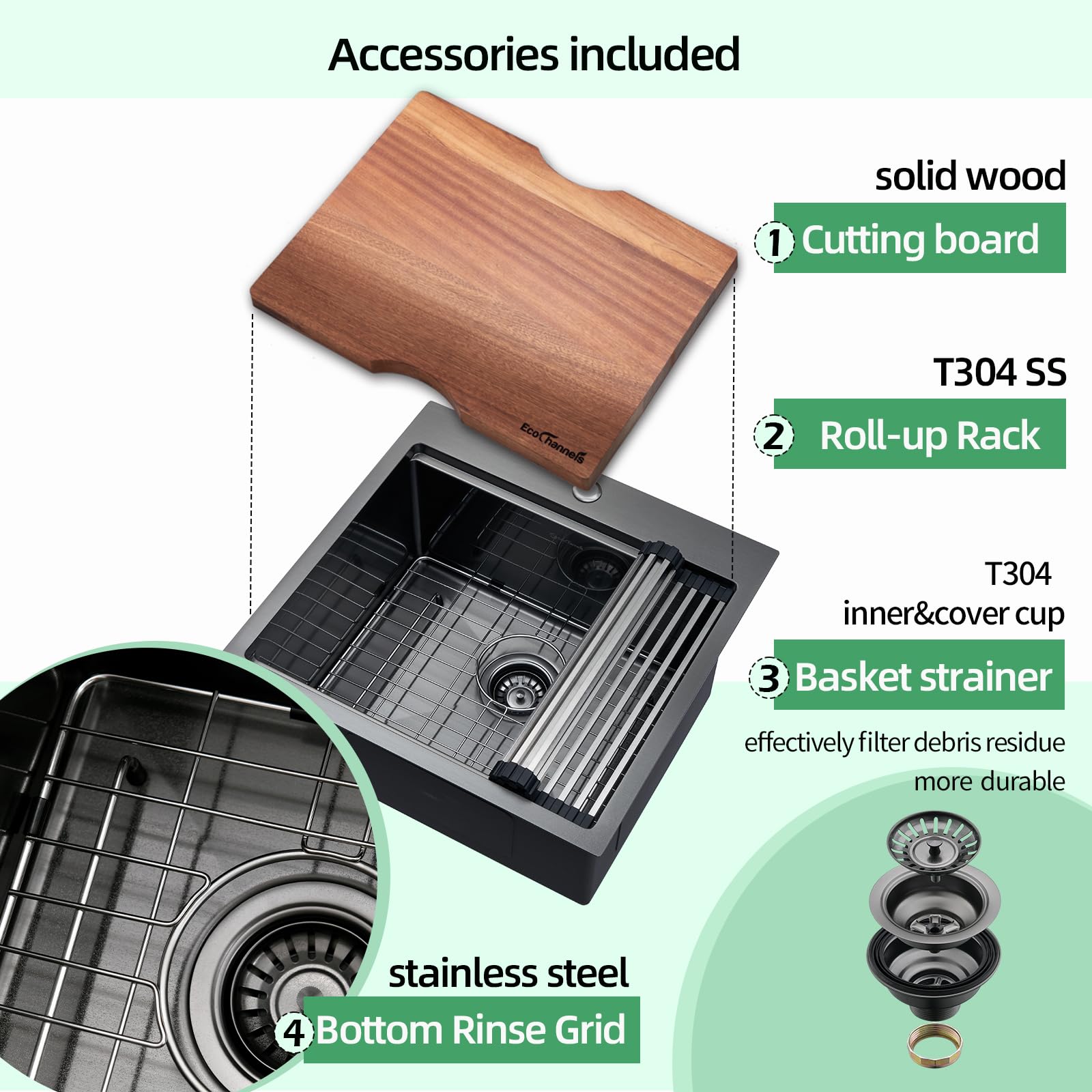 Ecochannels Kitchen Sink, 21 X 20 X 10 Drop In Kitchen Sink 16 Gauge Gunmetal Black Stainless Steel Workstation Sink Topmount Ki