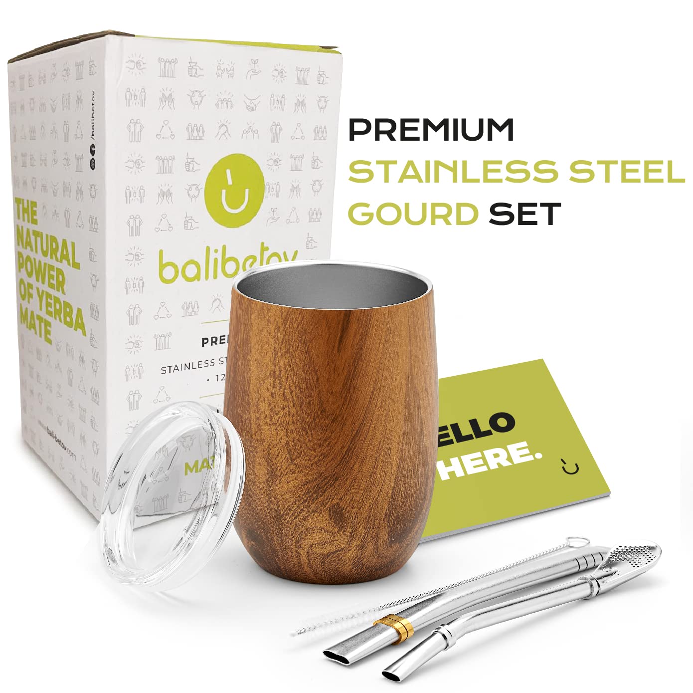 Balibetov Premium Stainless Steel Yerba Mate Gourd Set, 5 Pcs Including 12 Oz Gourd With Lid, 2 Bombillas, Cleaning Brush | Bpa