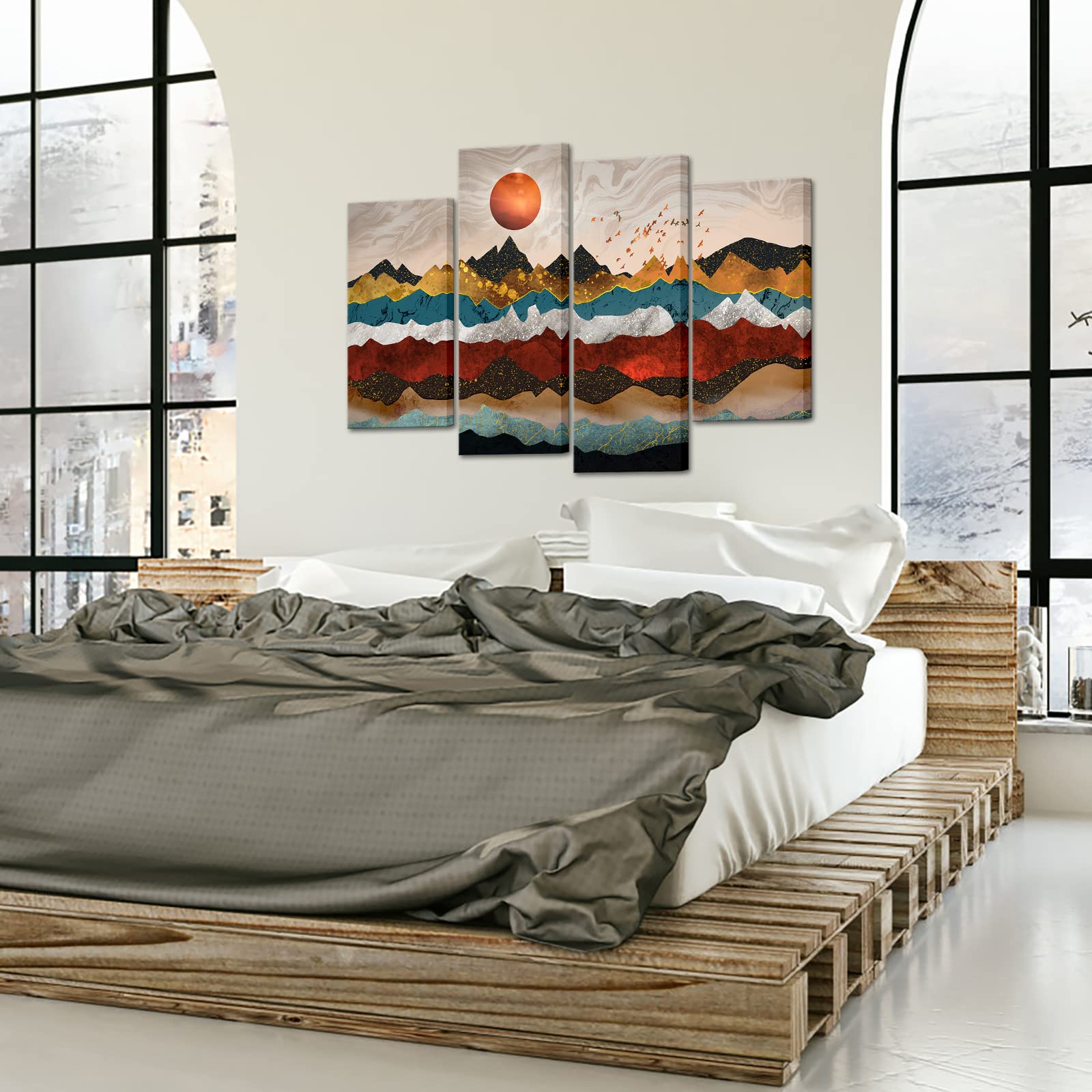Large 4 Piece Canvas Art The Precious Mountains Colorful Landscape Picture Giclee Prints Nature Wall Art Mid Century Art Wall De