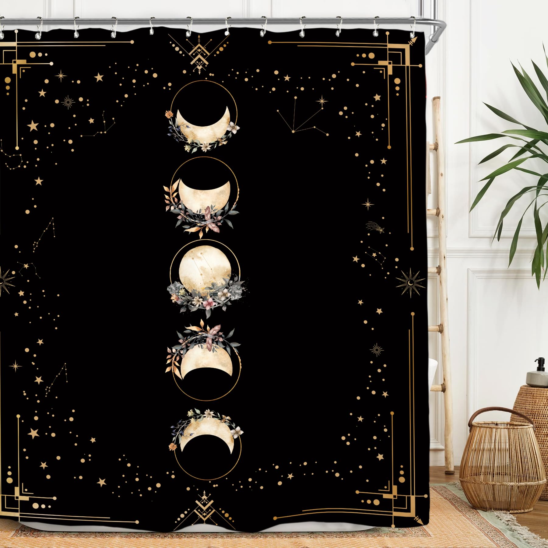 Miyotaa Moon Phase Moonlit Gothic Shower Curtain Set 60Wx71H Inches Black Witchy Tarot Mysterious Zodiac Constellation Astrology