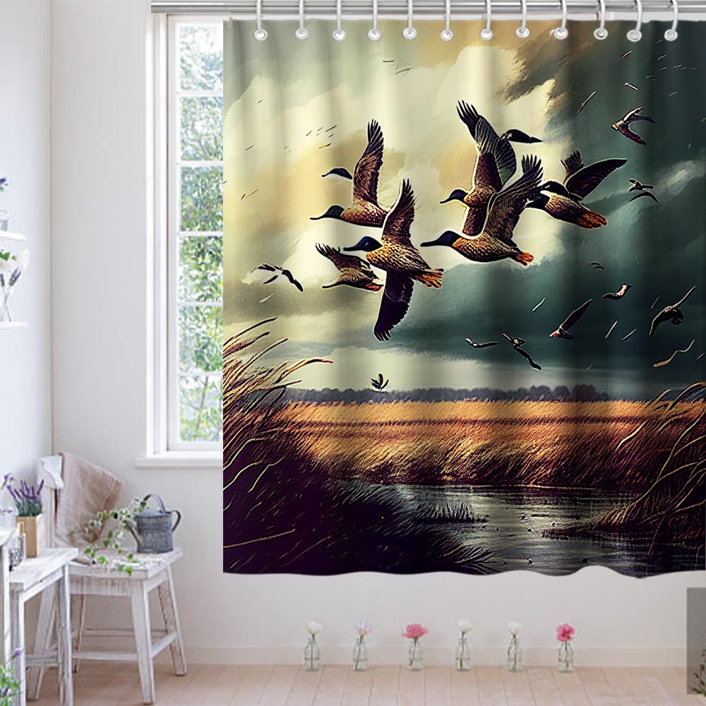 Final Friday Rustic Shower Curtains Wild Ducks Hunting Flying Theme Cloth Fabric Bathroom Decor Sets With Hooks Waterproof Washa