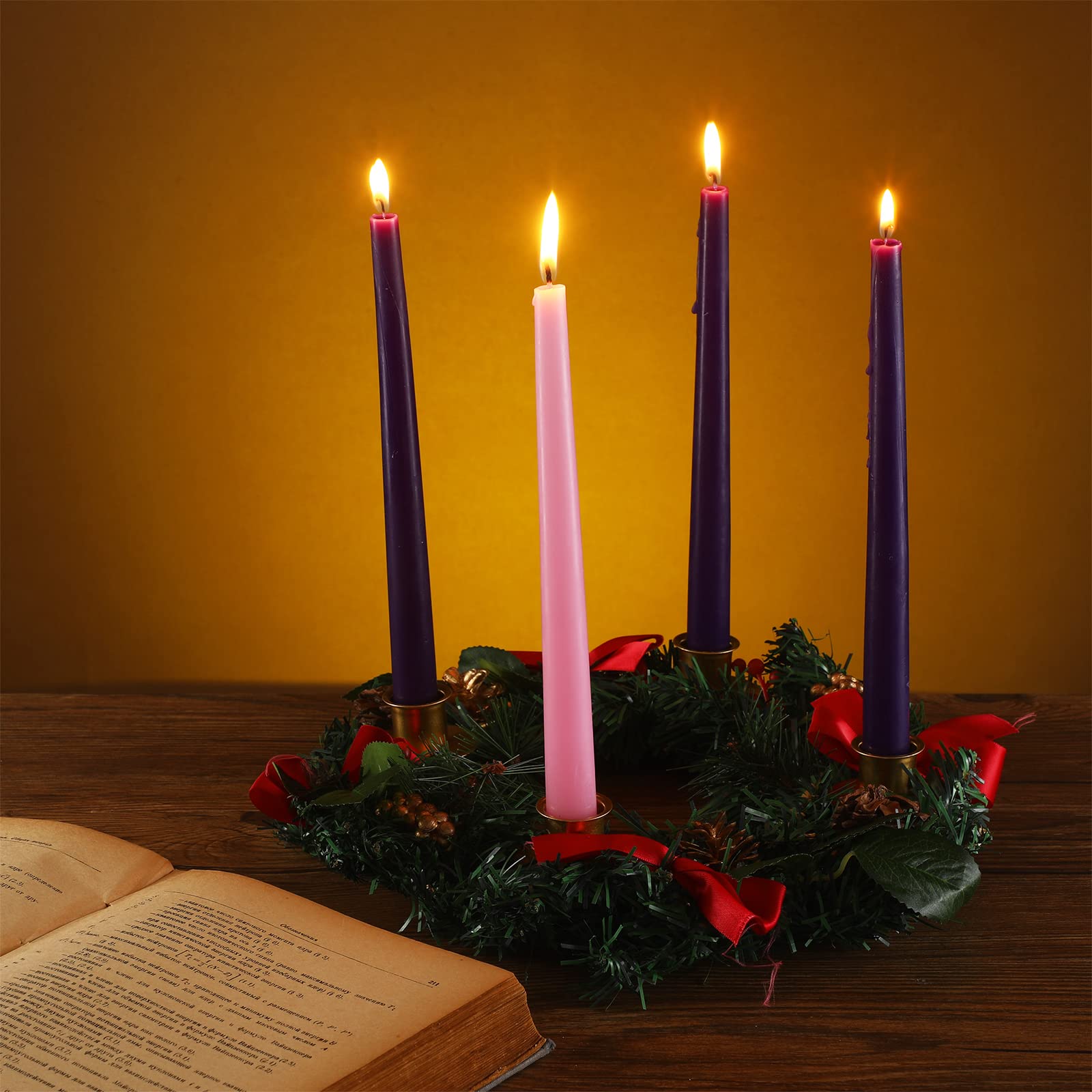 Dingion 12 Inch Christmas Advent Wreath Advent Candle Holder with 4 Taper Candles Remote Control Christmas Centerpiece Decoratio