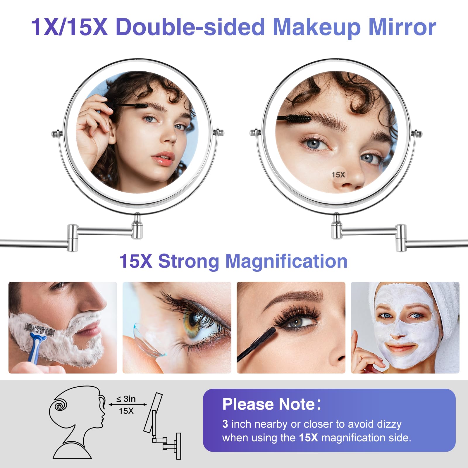 Greenfrom Wall Mounted Lighted Makeup Mirror: 8.5 Inch Double Sided Makeup Mirror With 1X/15X Magnification For Vanity, Bathroom