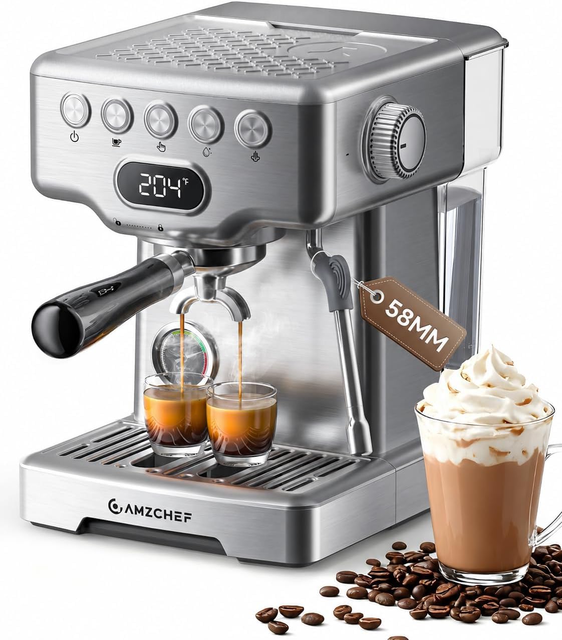 AMZCHEF 15Bar 58mm Espresso Machine with Pressure Gauge & Steam Wand