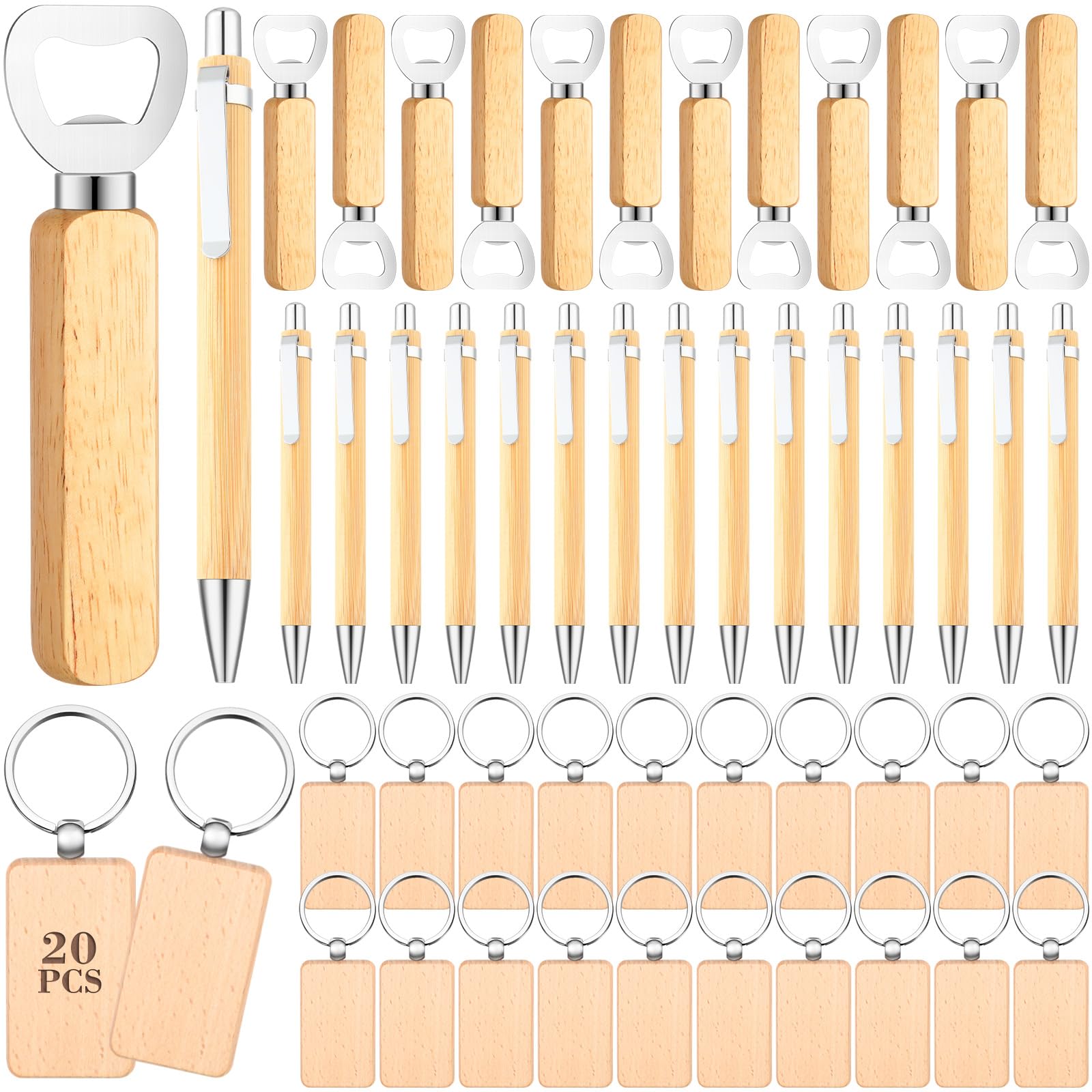 SiliFine 60 Pcs Laser Blanks Product Laser Engraving Material Kit Including DIY Wooden Blank Bottle Opener, Wooden Keychain, and