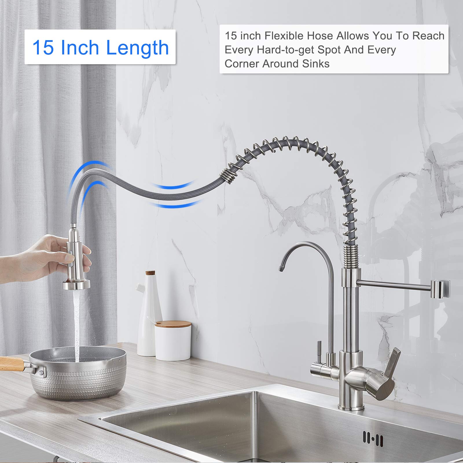 MENATT Purifier Kitchen Faucet  Commercial 3 in 1 Spring Drinking Water Faucet  Pull Down Water Filter Kitchen Sink Faucets (Brushed Nickel)