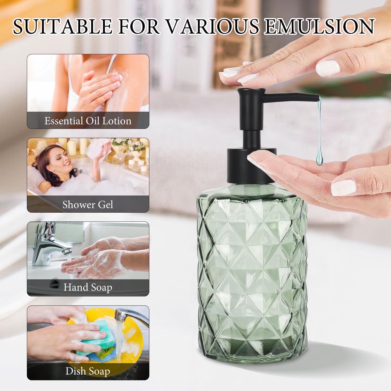 Clear Green Glass Soap Dispenser With Pump, 12Oz Diamond Design Hand Soap Dispenser, Refillable Lotion Dispenser & Dish Soap Dis