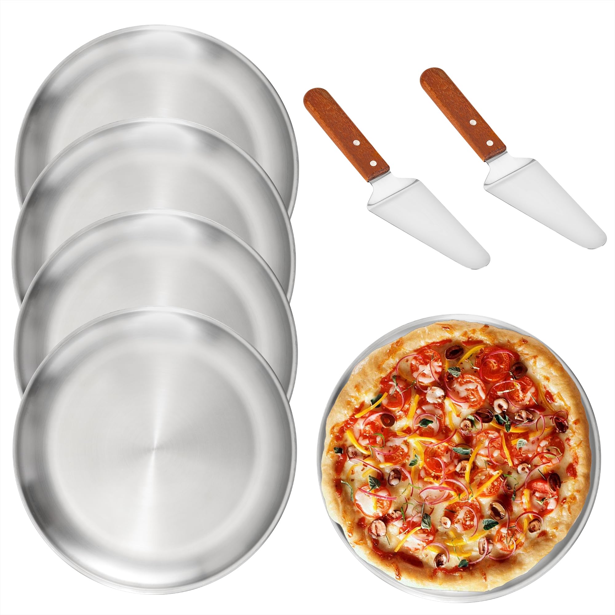 Axigundaone 4 Pcs Round Bakeware Pizza Pan with 2 Pizza Spatula, 12 Inch Stainless Steel Pizza Pans NonStick, Reusable Baking T