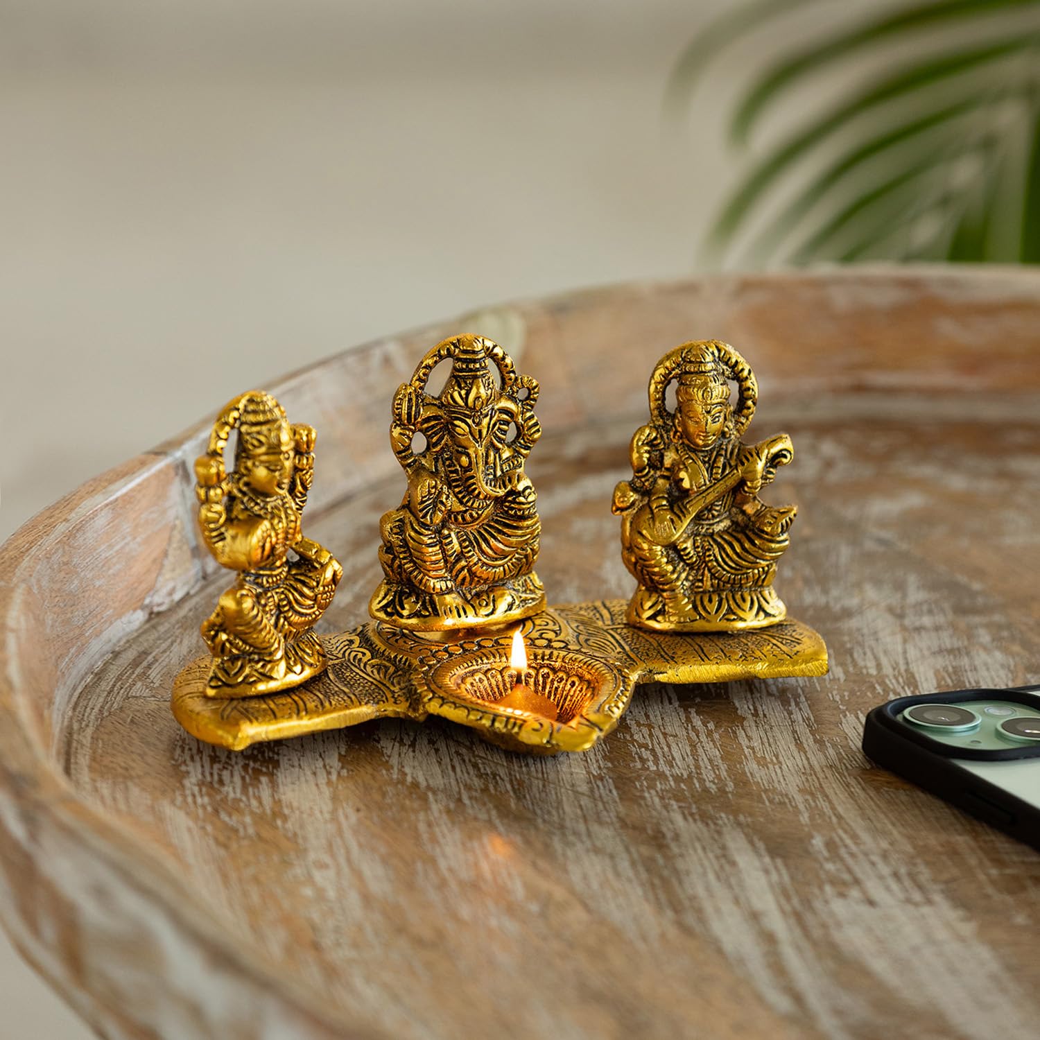 Exclusivelane Laxmi Ganesh & Saraswati Idol Showpiece Figurine With Diya (3.7 Inch, Metal) | Handcrafted For Home Dcor And Poo
