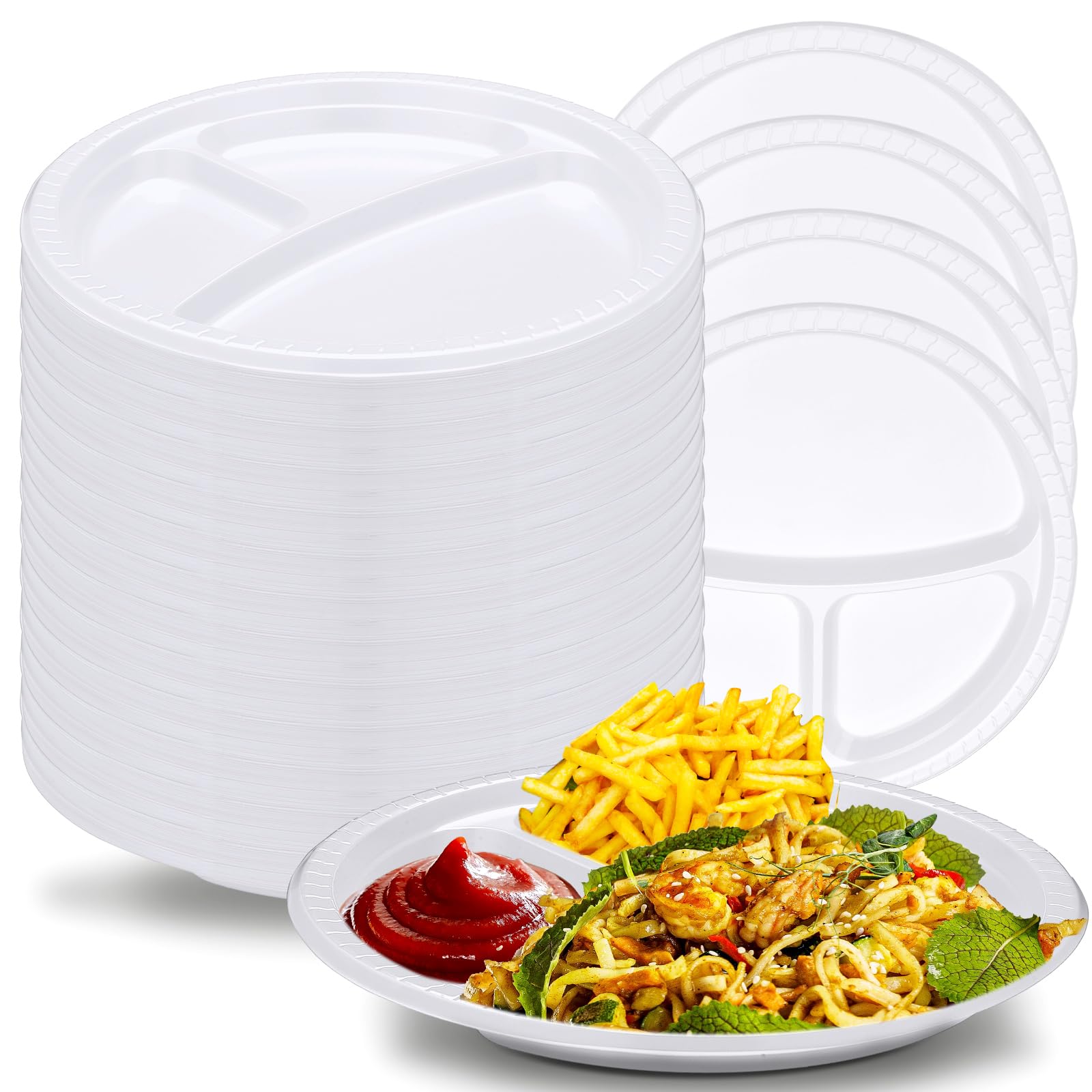 Umigy 100 Pcs 10 Inch 3 Compartments Divided Plastic Plates Bulk Colorful Disposable Heavy Duty Round Dinnerware For Valentine'S