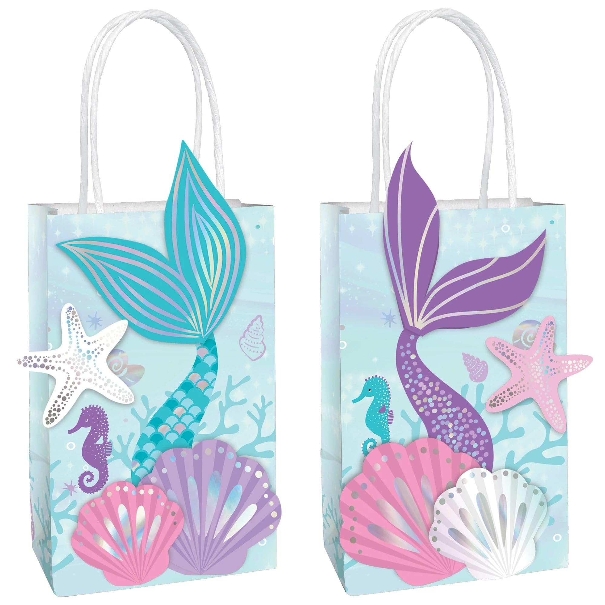 Amscan Multicolor Shimmering Mermaids Create Your Own Paper Bags (Pack Of 8) - 8.5'' X 5.25'' X 3.25'' - Perfect For Kids' Parti