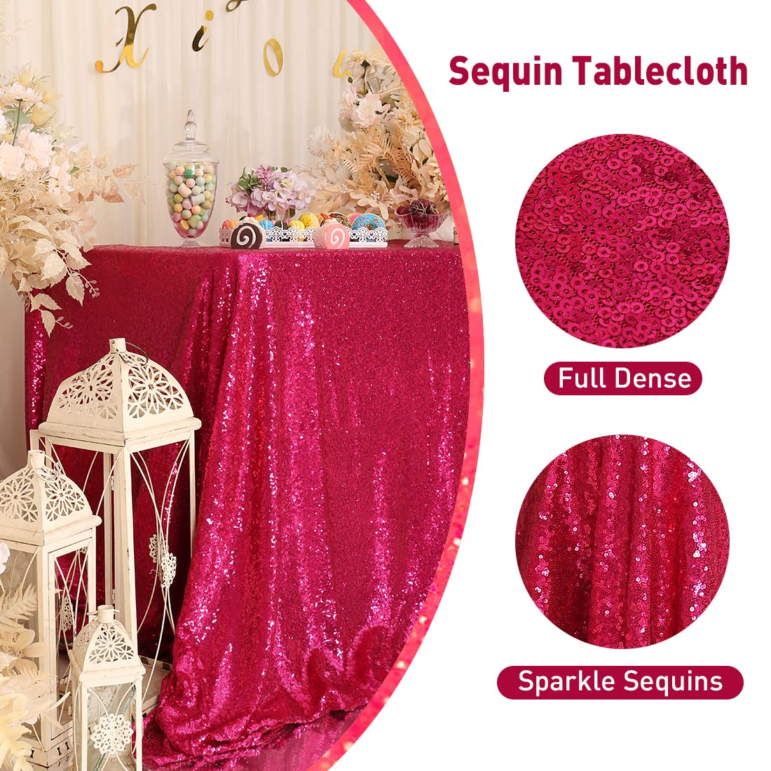 Poise3Ehome Hot Pink Sequin Tablecloth 60  120 Inch Rectangle Sparkly Fabric Table Cloth For Baby Shower Birthday Party Wedding