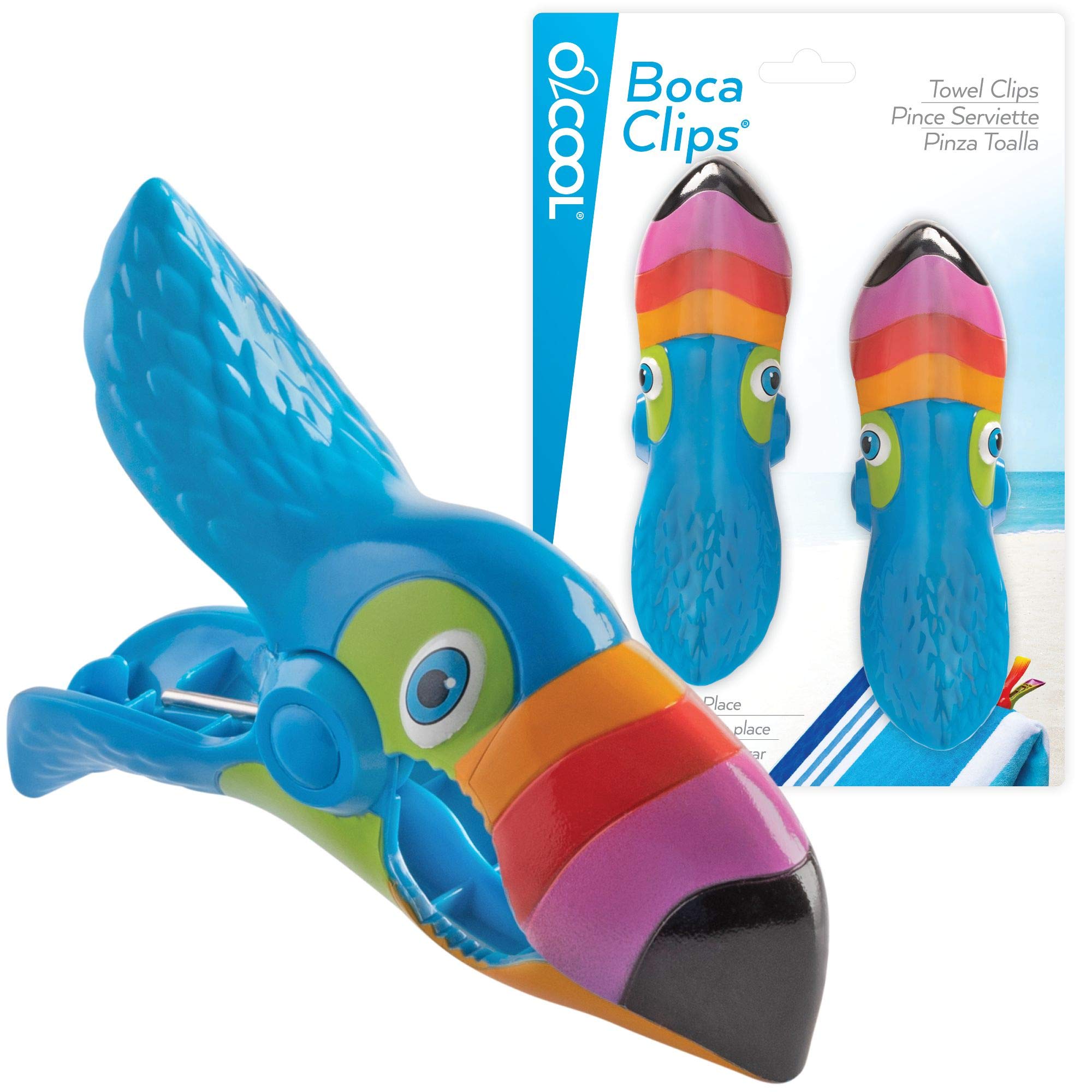 O2Cool Bocaclips - Beach Towel Clips For Beach Chairs, Patio And Pool Accessories Clothes Pins Or Bag Clips - (Toucan) 4 Clips