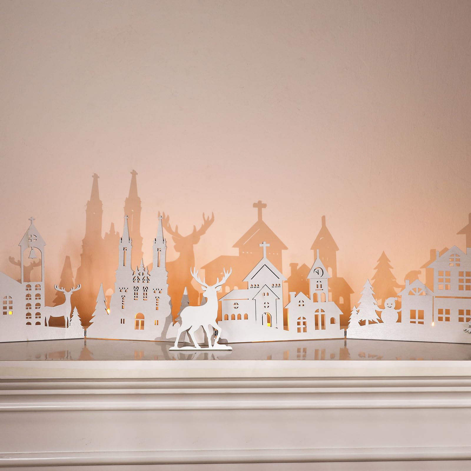 Colingmill 32 Inch Christmas Tabletop Decoration Wooden Christmas Themed White Church Xmas Tree and Elk Signs Farmhouse Centerpi