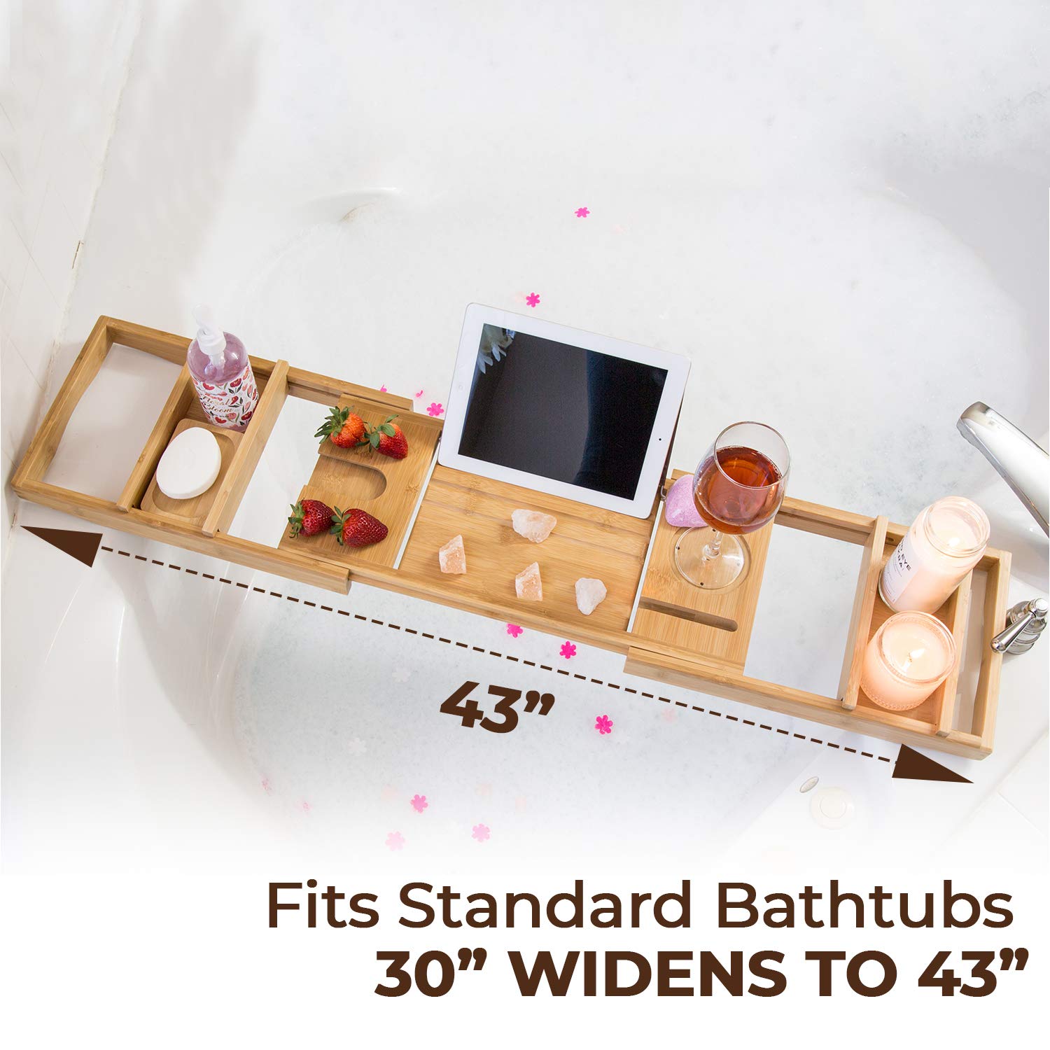 Premium Bamboo Bathtub Tray Caddy For Tub - Expandable Foldable Bath Tray - Unique House Warming Gifts, New Home, Anniversary &