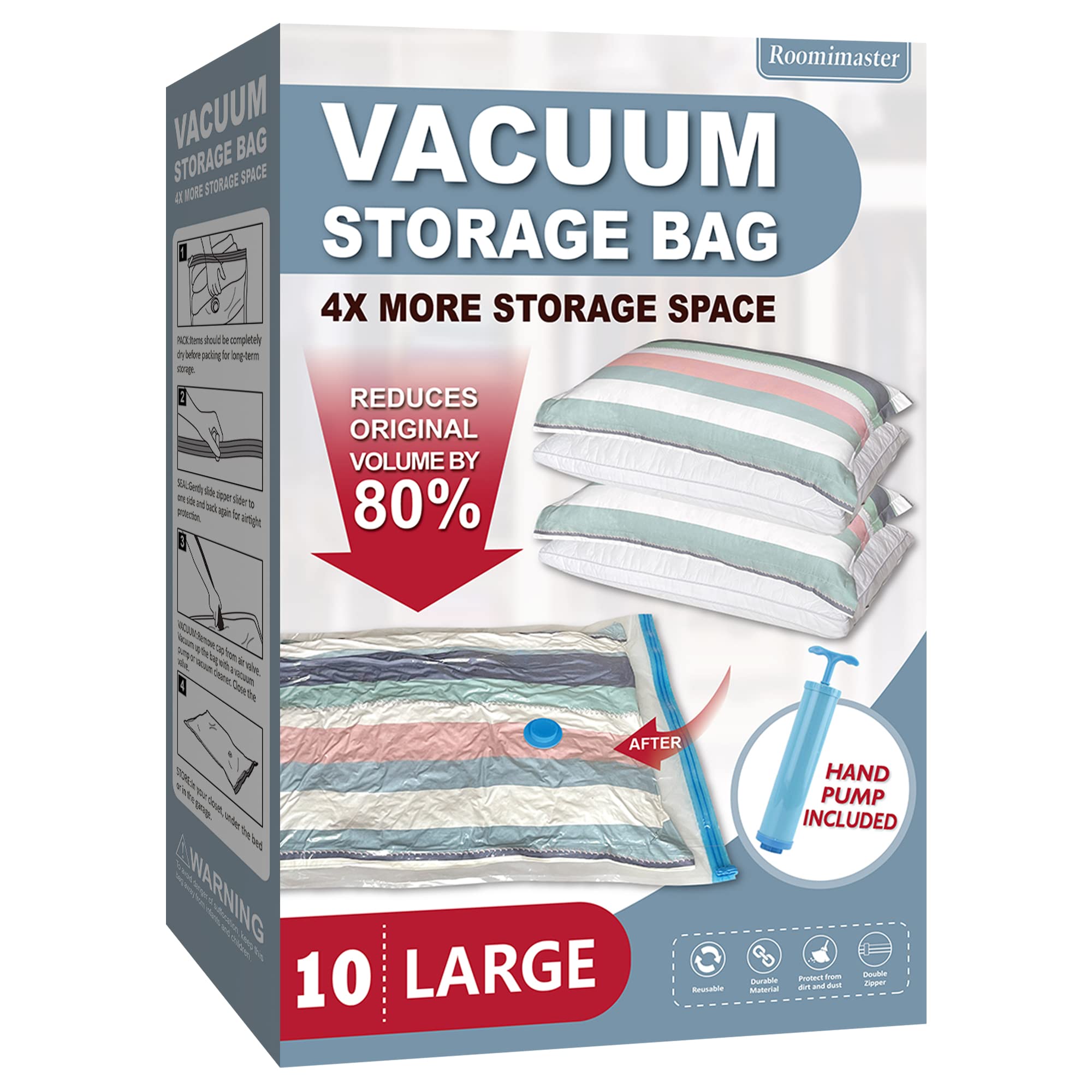 Vacuum Storage Bags, 10 Large Space Saver Bags Seal With Pump, Sealer For Clothes, Comforters, Blankets, Bedding