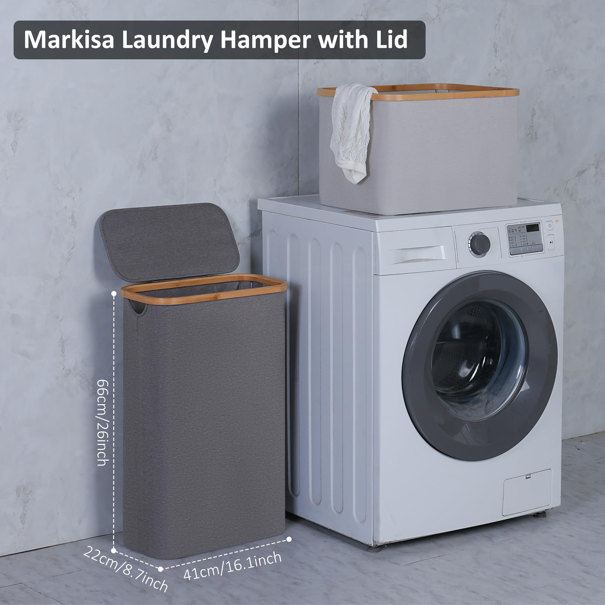Merkisa Slim Laundry Basket,60L Laundry Hamper With Lid, Tall Hamper For Laundry,Dirty Cloth Hamper With Bamboo Handle For Toys,