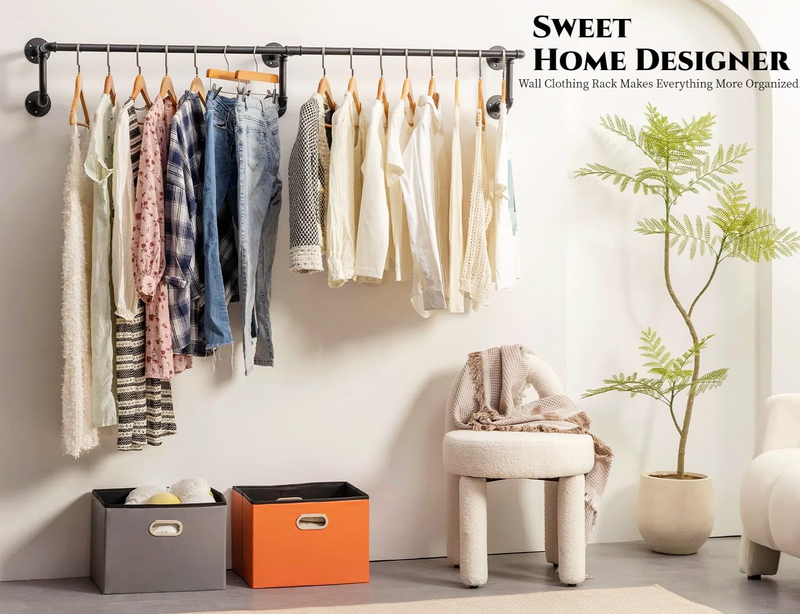 Wall Clothes Rack, Industrial Pipe Clothing Rack For Hanging Clothes, Wall Mounted Heavy Duty Space Saving Garment Racks, Multi-