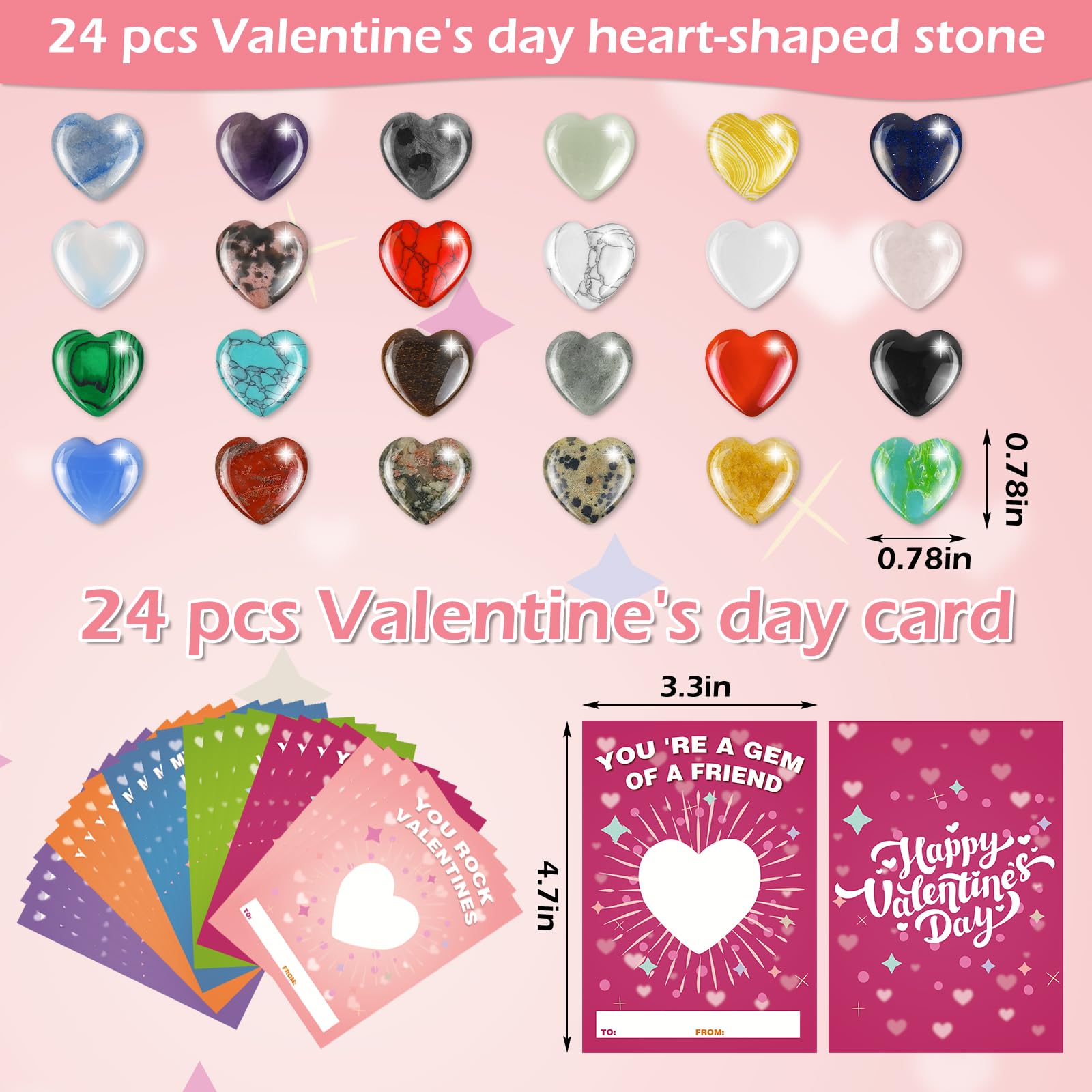 Valentines Day Cards For Kids School, 24 Set Valentines Day Gifts For Kids Classroom Exchange Gifts With Natural Heart Shape Gem