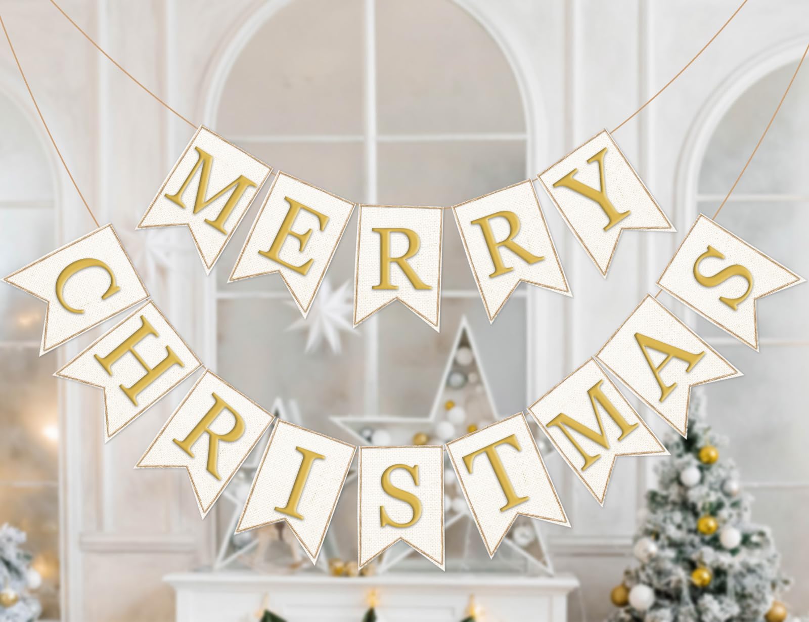 Whaline 2Pcs Christmas Burlap Banner Felt Merry Christmas Banner Gold White Pre-Assembled Xmas Bunting Garland For Home Party Ha