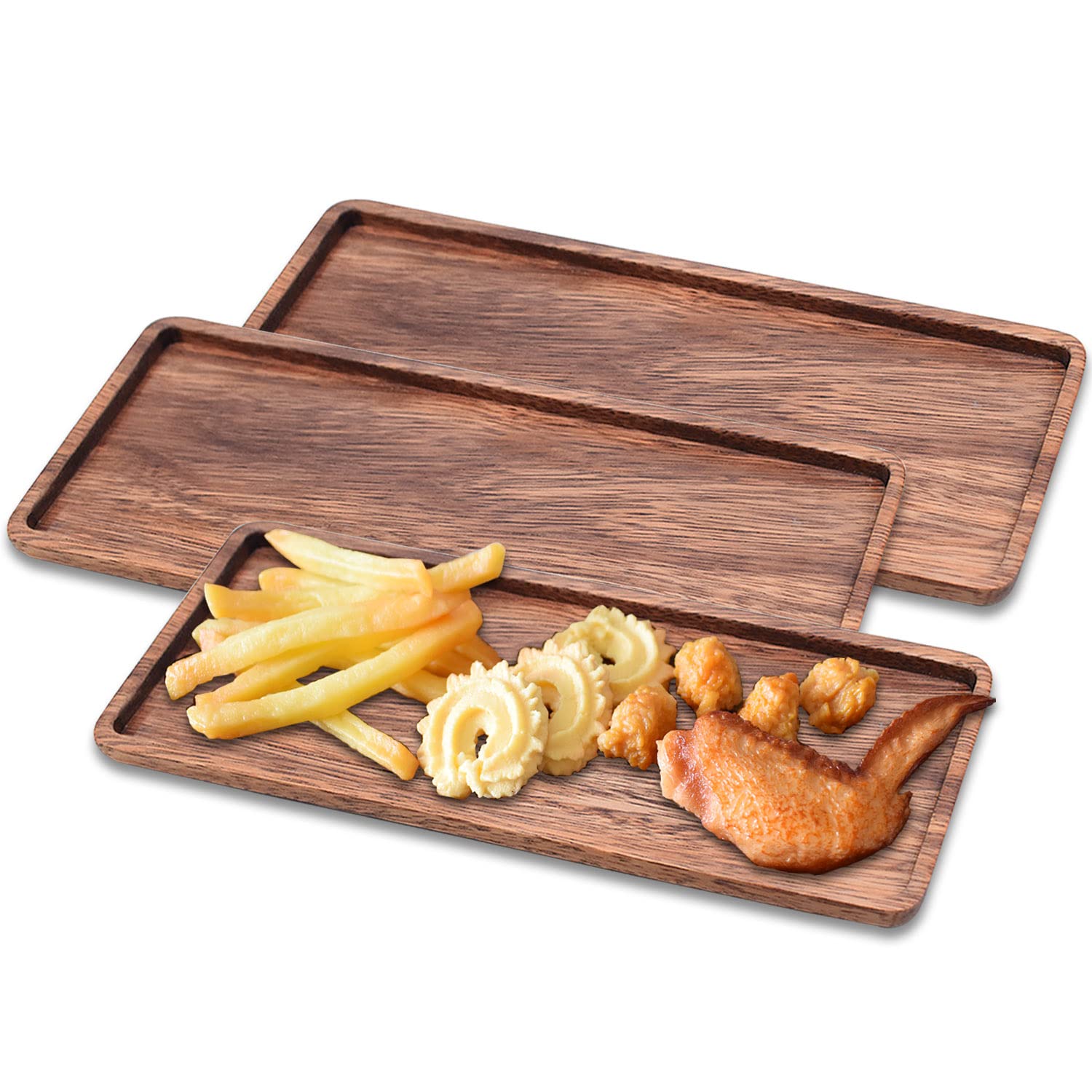 Linwnil Solid Wood Serving Platters, Set Of 3Pcs 13.8In X 5.5In Trays Of Natural Acacia Wood With Edge,Rectangular Avoid Sliding