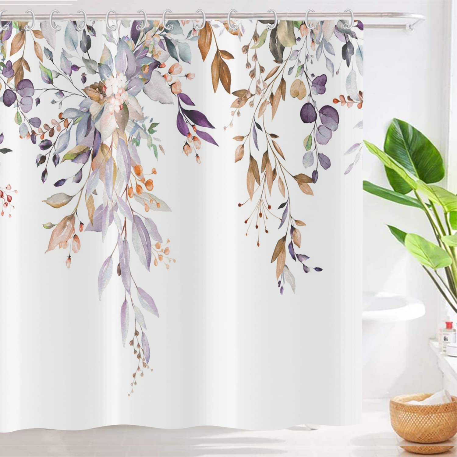 Gcirec Leaf Shower Curtain, Light Purple And Tan Eucalyptus Leaves Botanical Plants On The Top Fabric Bathroom Curtain Home Deco