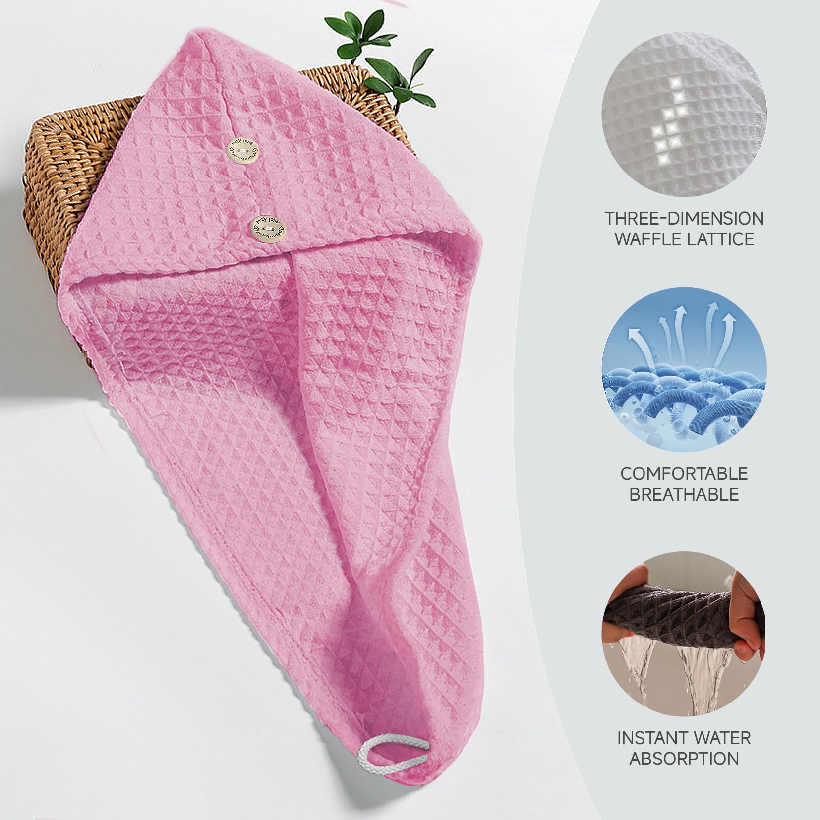 MaopaoBeauty Microfiber Waffle Weave Hair Towel - Quick Dry, Super Absorbent for Long, Curly & Thick Hair - Pink
