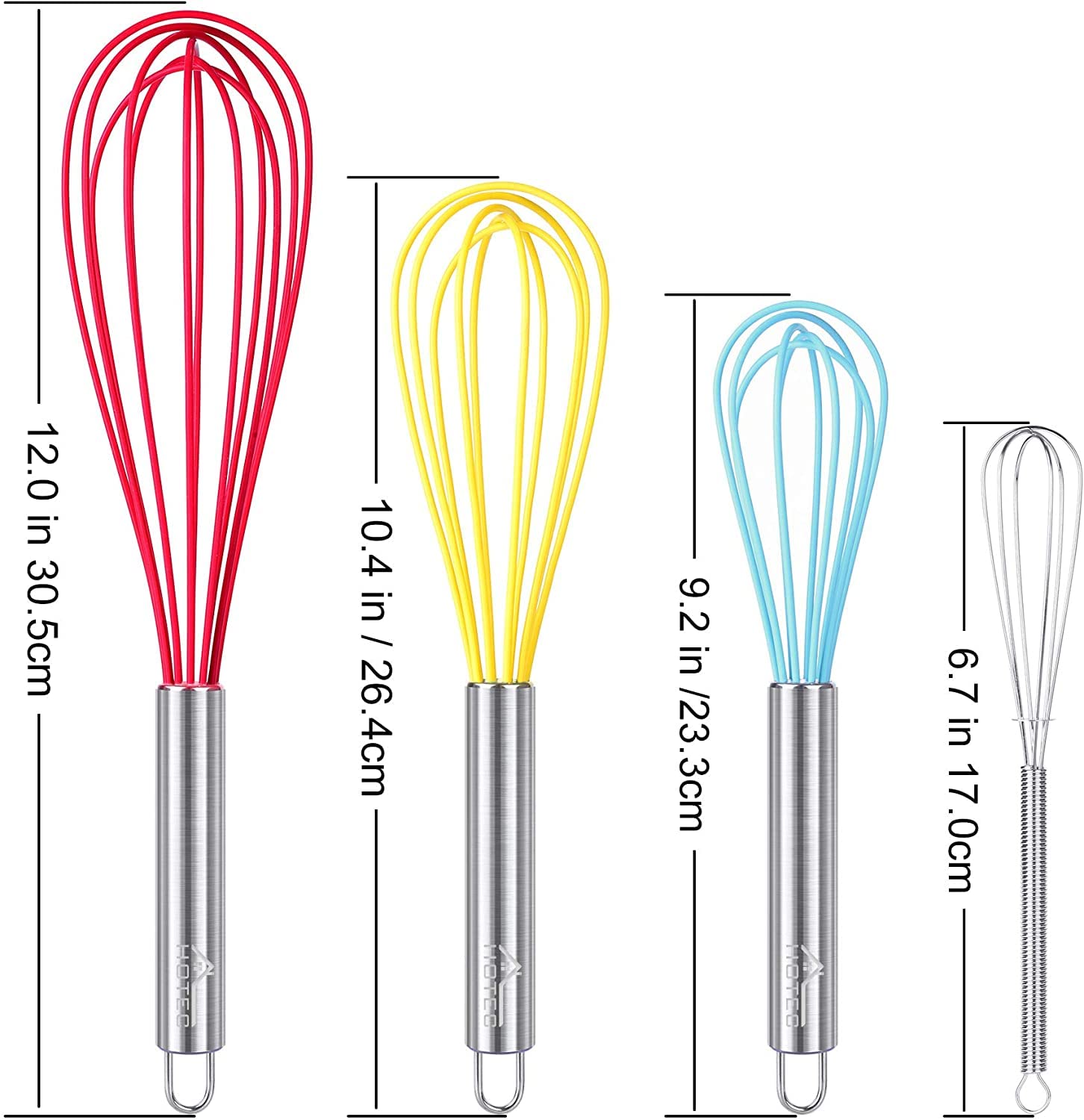 Hotec 4 Pieces Silicone Whisks Set, Wire Balloon Whisks Egg Beater, Non-Slip Handle Whisk For Non-Stick Cookware Perfect For Coo