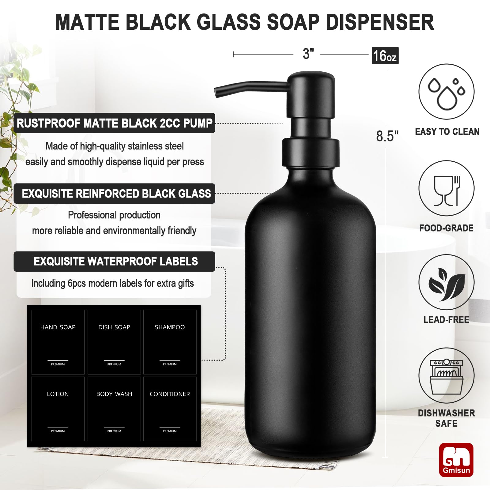 Gmisun Black Soap Dispenser, 2 Pack Matte Black Hand Soap Dispenser Bathroom With Stainless Steel Pump, 16 Oz Glass Hand And Dis