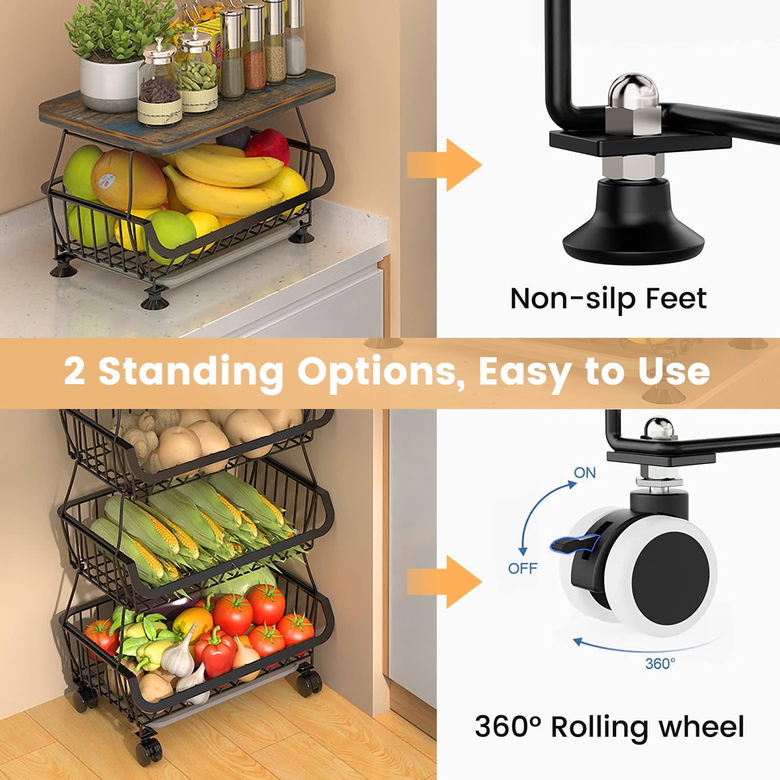 Modereve Fruit Basket For Kitchen, 5 Tier Stackable Fruit And Vegetable Storage Basket Bins Heavy Duty Wire Rolling Cart For Kit