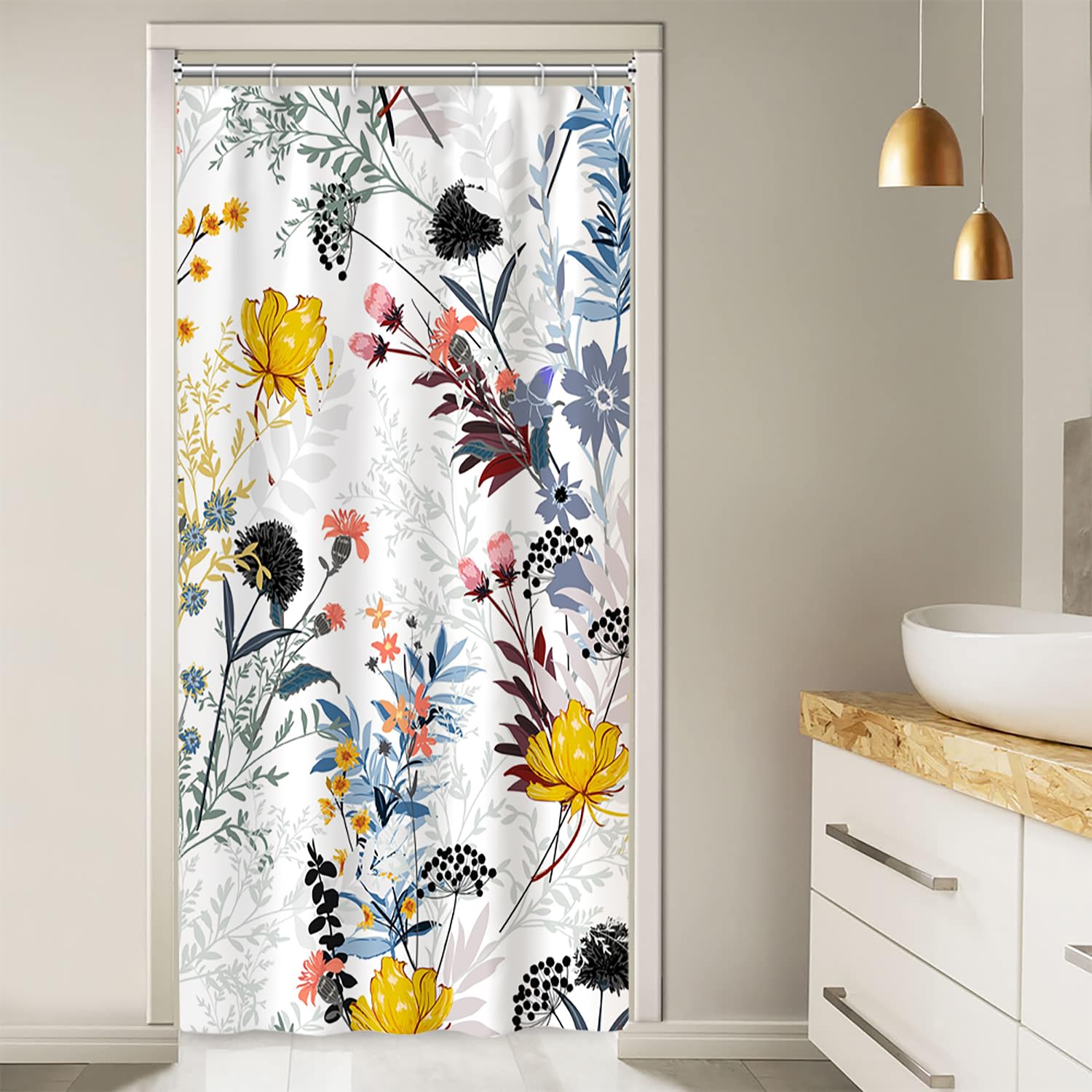 Ruelvth Stall Shower Curtain, Spring Yellow And Blue Wild Flower Shower Curtain Set Waterproof Fabric Small Rv Bathroom Curtain