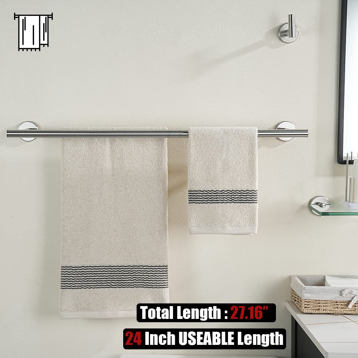JQK Bath Hardware Towel Bar Accessory Set  5-Piece Bathroom Accessories Fixtures Set Brushed Finished Wall Mount Includes 24'' Towel Bar  9'' Hand Towel Bar  Toilet Paper Holder  Robe Hook x2  BAS105-BN