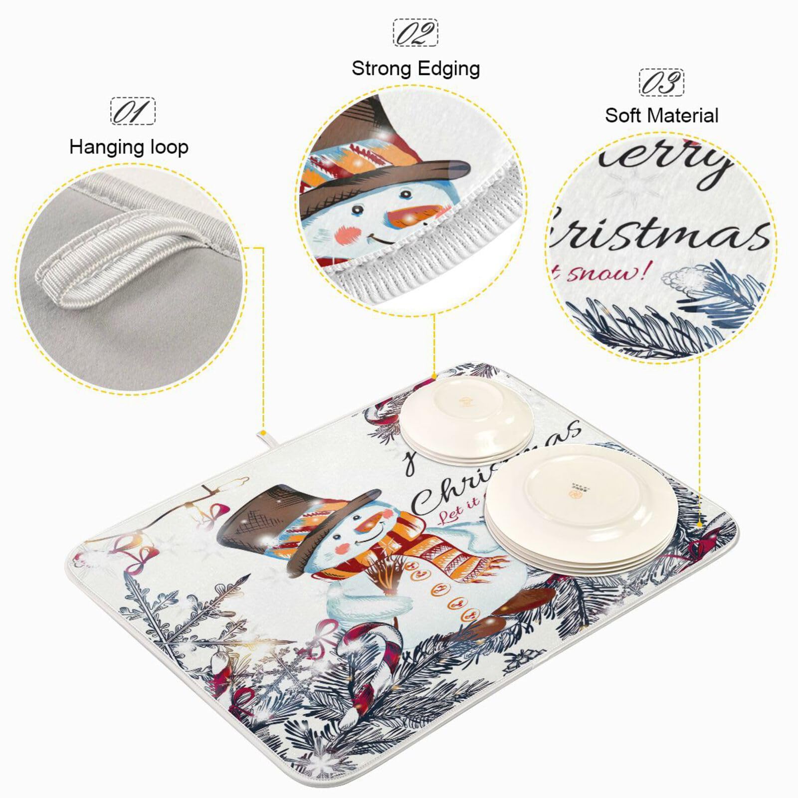 Cute Christmas Snowman Dish Drying Mat  Ultra Absorbent Reversible Microfiber  and Protector for Kitchen Countertops 18 In x 24 In