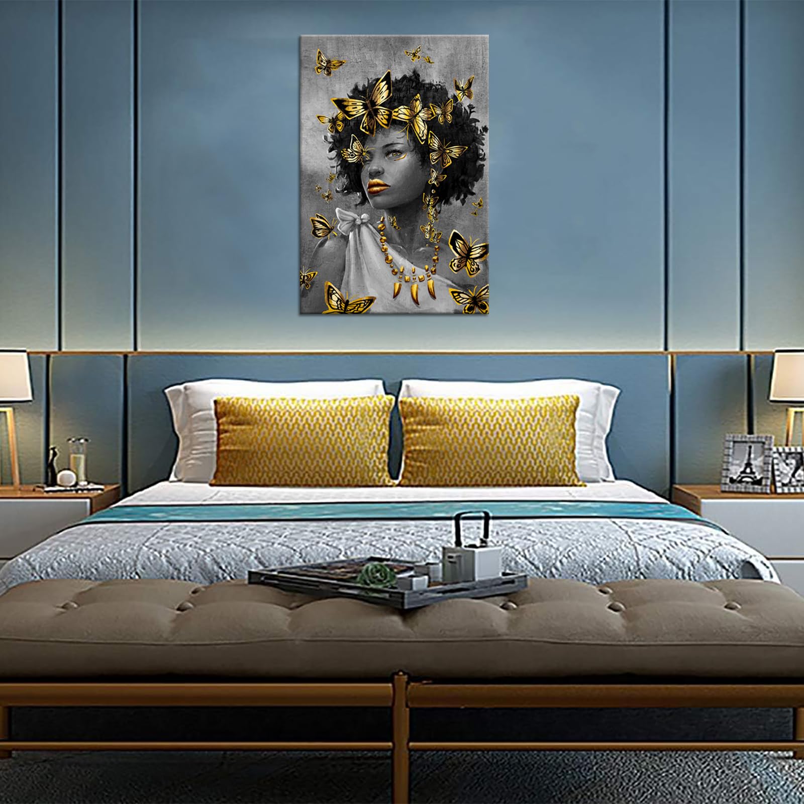 Ihappywall Large African American Woman Wall Art Black And Gold Pretty Lady Butterfly Abstract Artwork For Girl Room Bedroom Liv