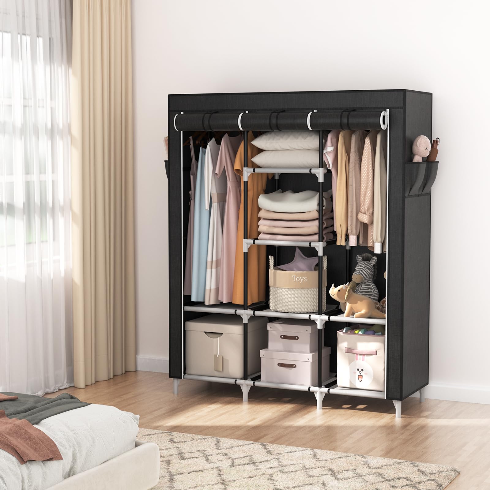 Vtrin Portable Closet, Large Capacity Portable Wardrobe With 2 Hanging Rods And 8 Storage Shelves, Sturdy Free Standing Closet W