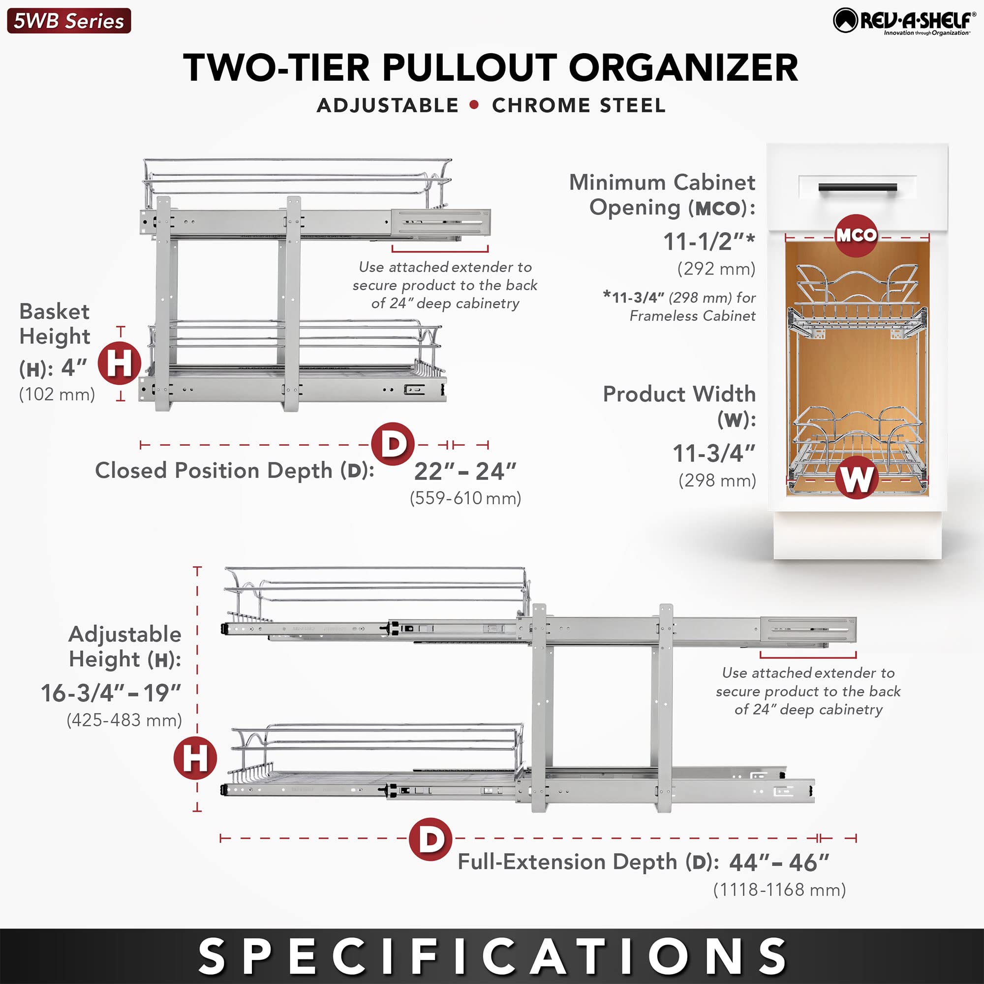 Rev-A-Shelf 2-Tier Kitchen Cabinet Pullout Shelf And Drawer Organizer Slide Out Pantry Storage Basket In Multiple Sizes, 12 X 22