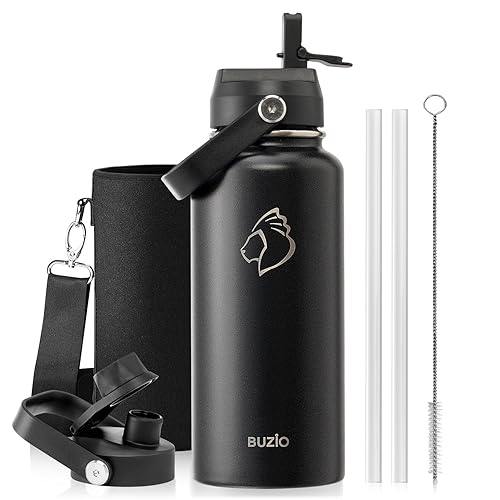BUZIO Stainless Steel Water Bottle (Cold for 48 Hrs  Hot for 24 Hrs)  32 oz Vacuum Insulated Water Bottle with Straw Lid and Flex Cap (Double Wall  Wide Mouth  BPA Free  Leak Proof)  Black