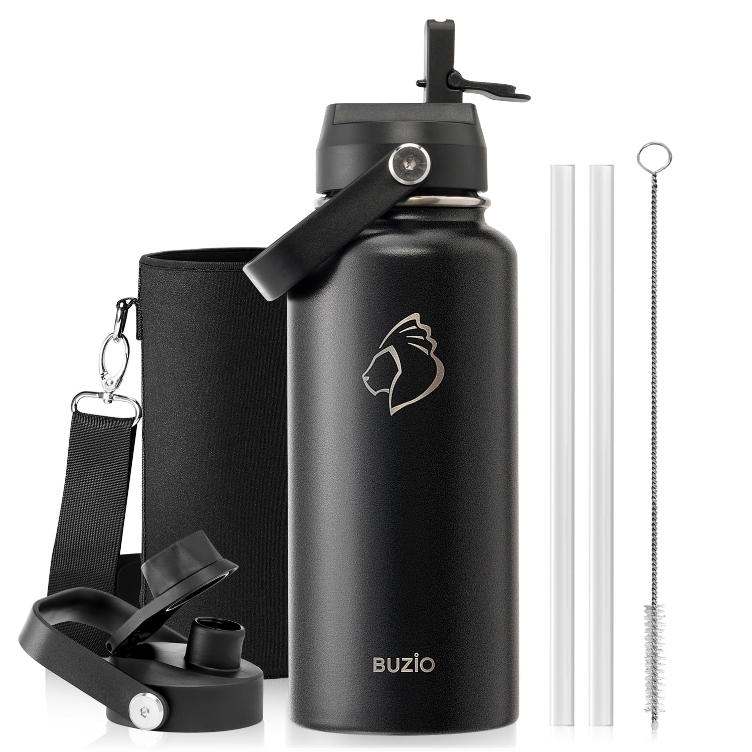 BUZIO Stainless Steel Water Bottle (Cold for 48 Hrs  Hot for 24 Hrs)  32 oz Vacuum Insulated Water Bottle with Straw Lid and Flex Cap (Double Wall  Wide Mouth  BPA Free  Leak Proof)  Black